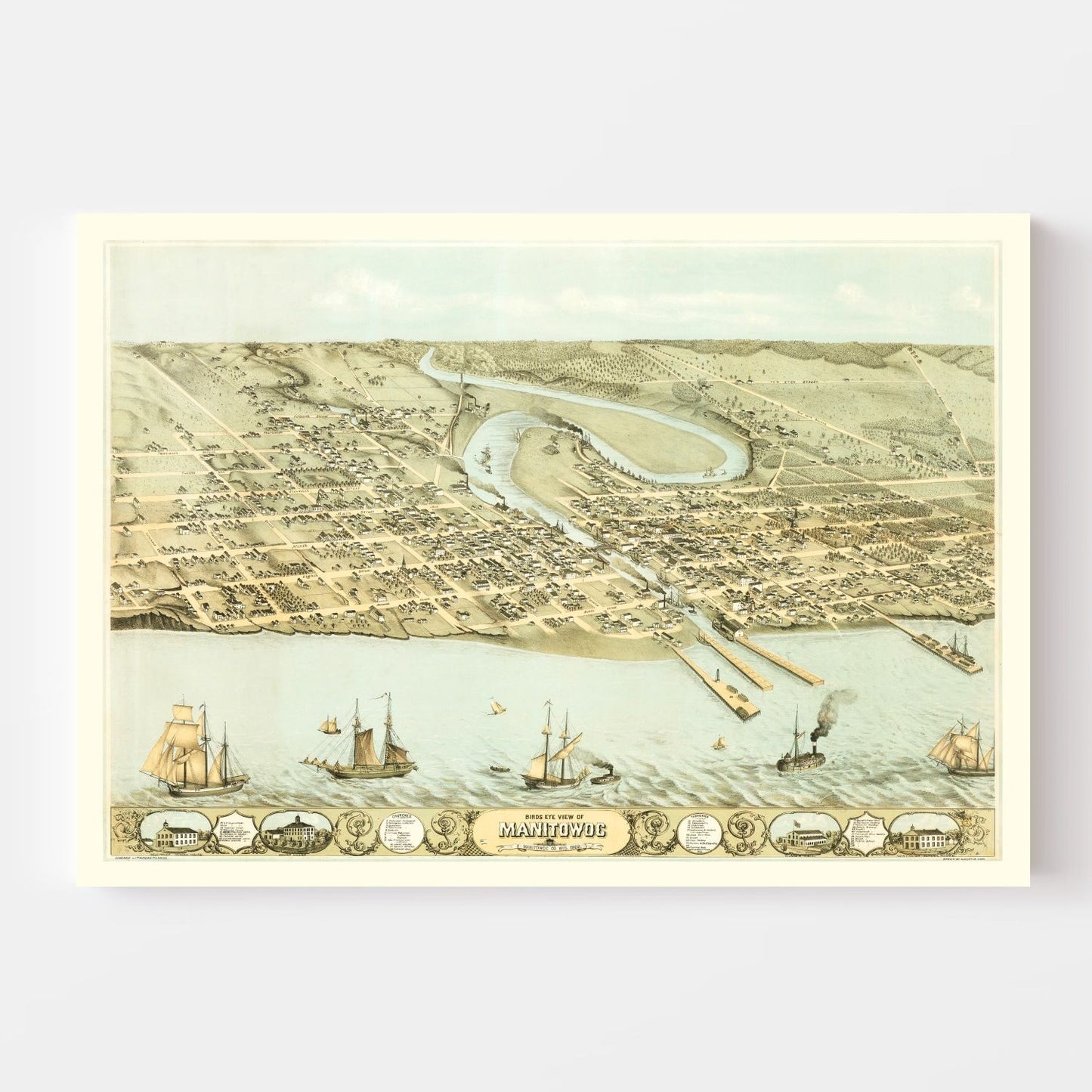 Vintage Map of Manitowac, Wisconsin 1868