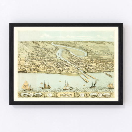 Vintage Map of Manitowac, Wisconsin 1868