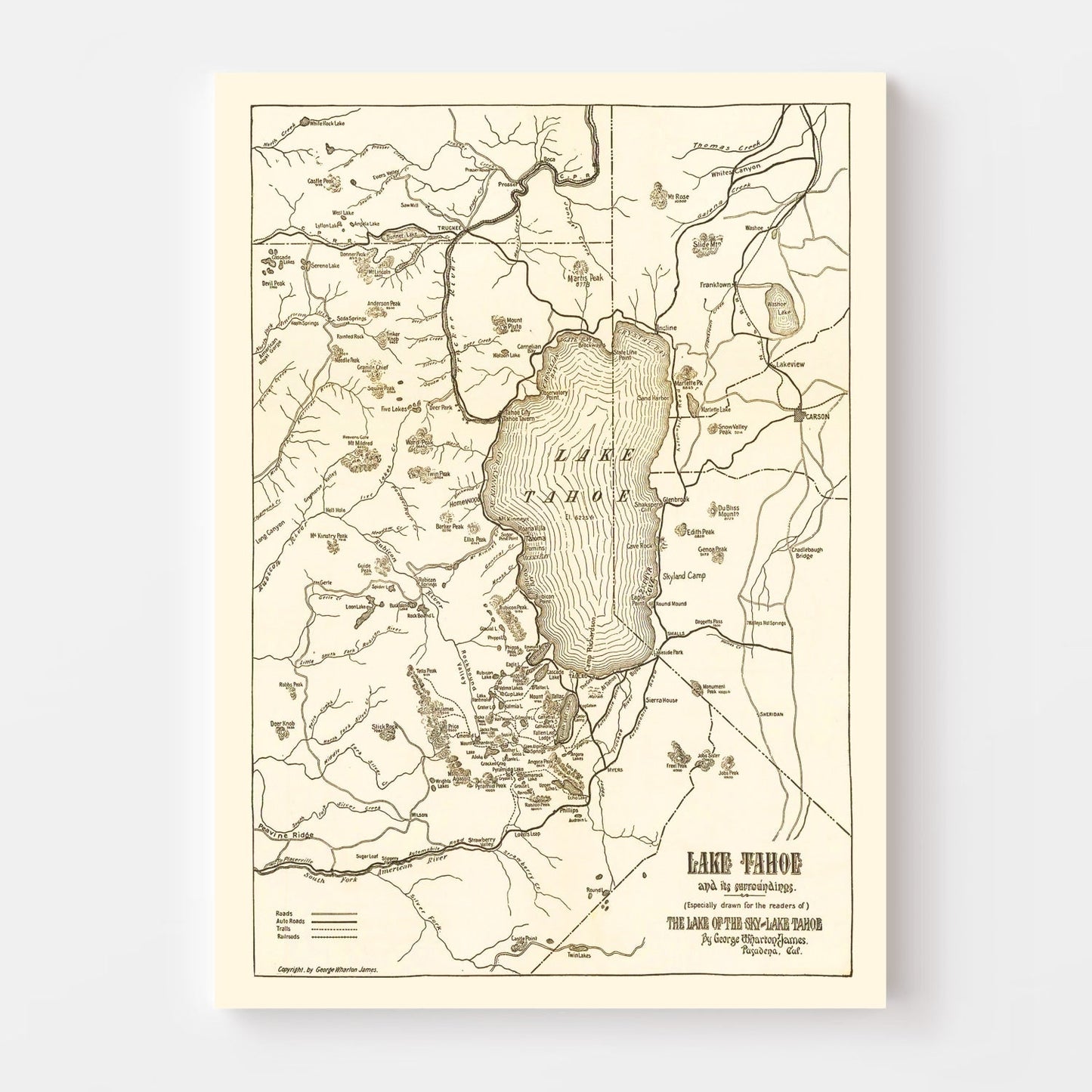 Vintage Map of Lake Tahoe, 1915