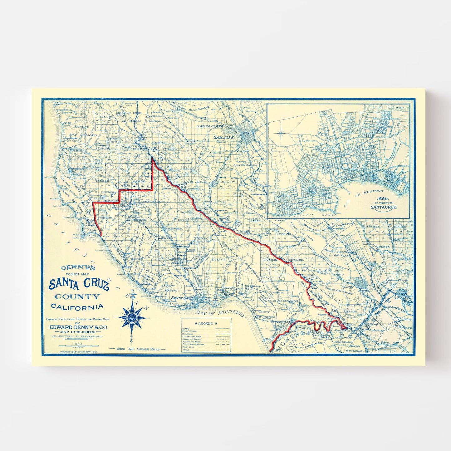 Vintage Map of Santa Cruz County, California 1916