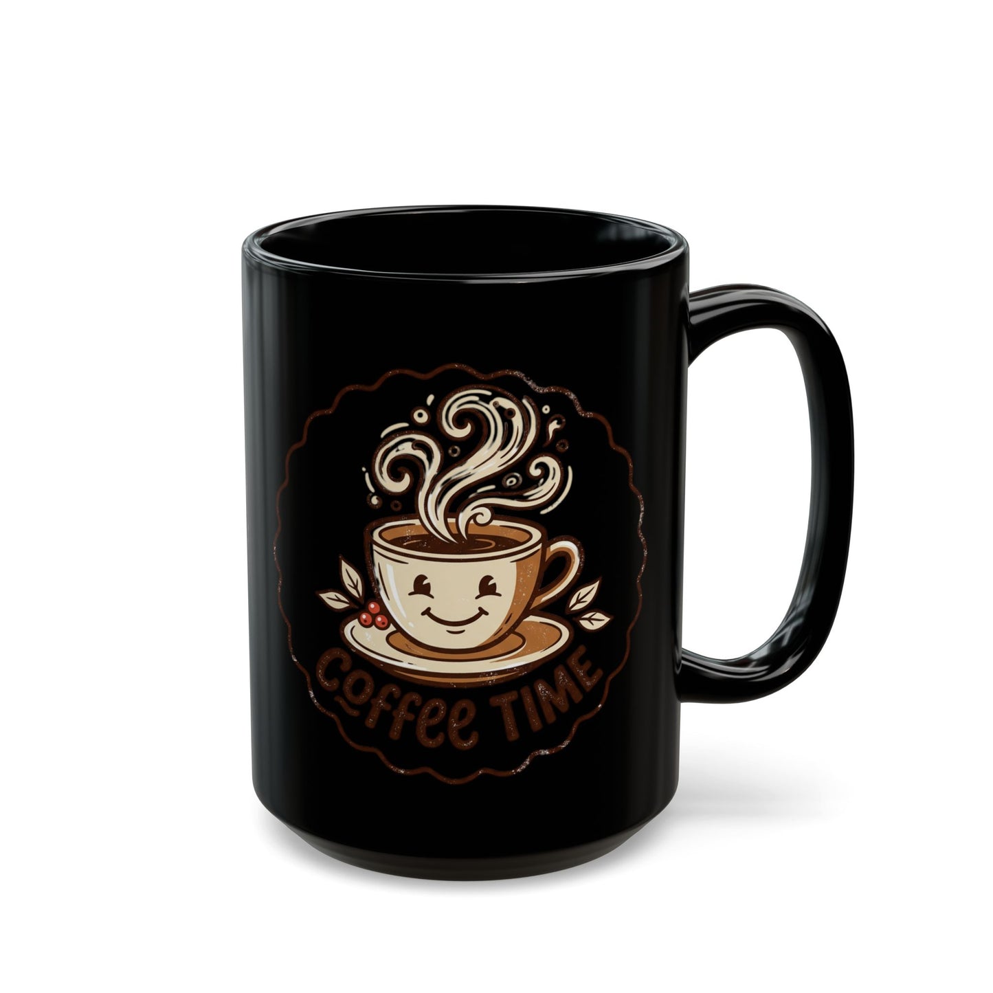 Coffee Time Black Mug – Cute Smiling Coffee Cup Ceramic Mug (11oz, 15oz)