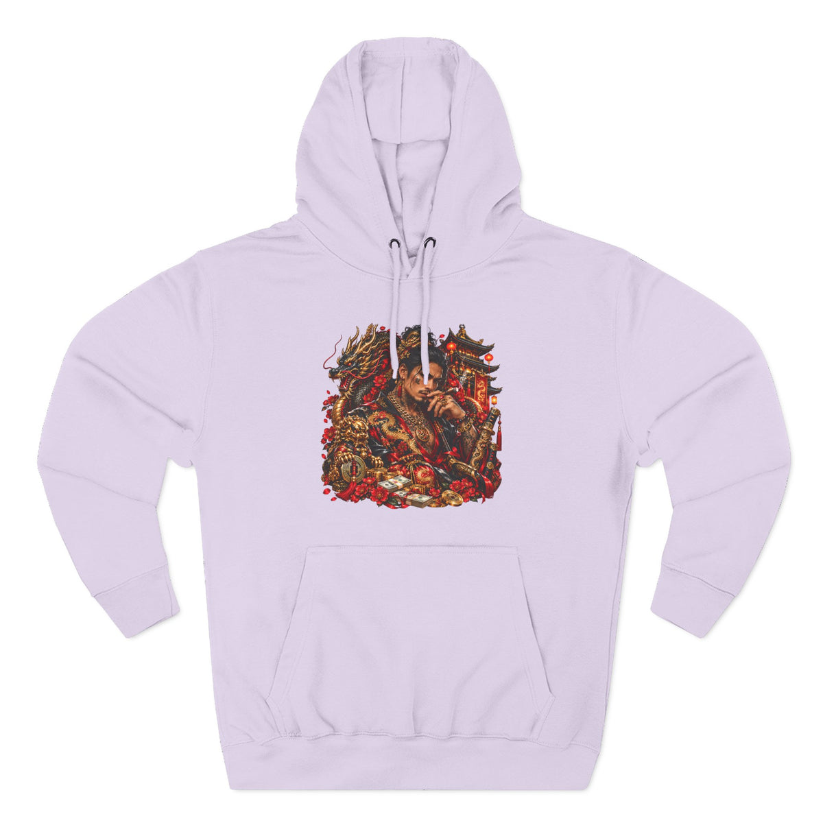 Dragon Battle Hoodie — Three-Panel Fleece Hooded Sweatshirt with Fiery Fantasy Artwork