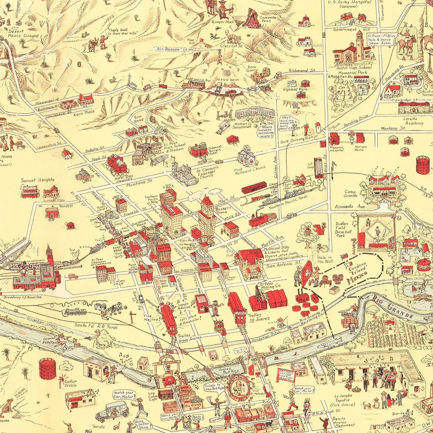 Vintage Map of El Paso, TX Business Section 1932