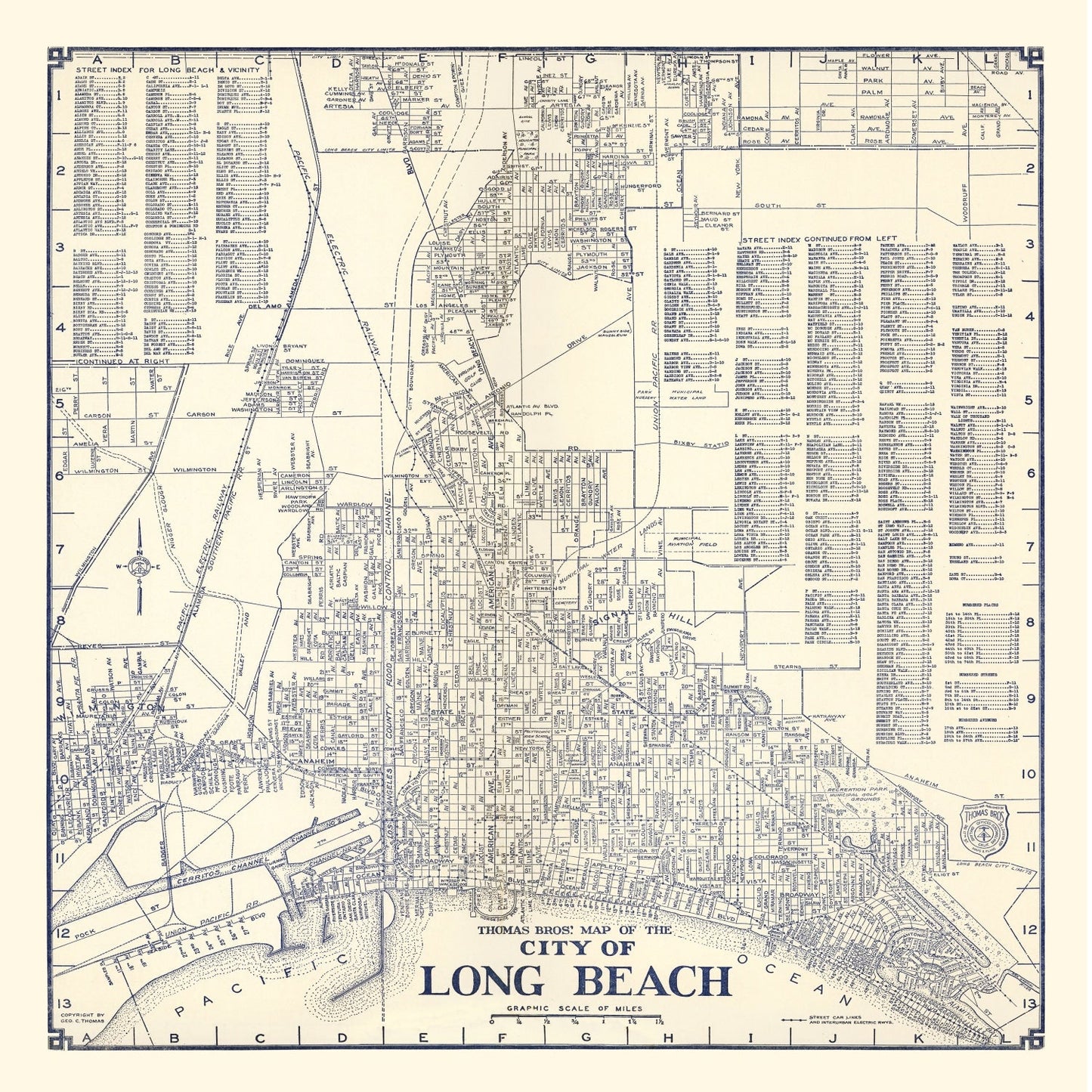 Vintage Map of Long Beach, CA Business Section 1938