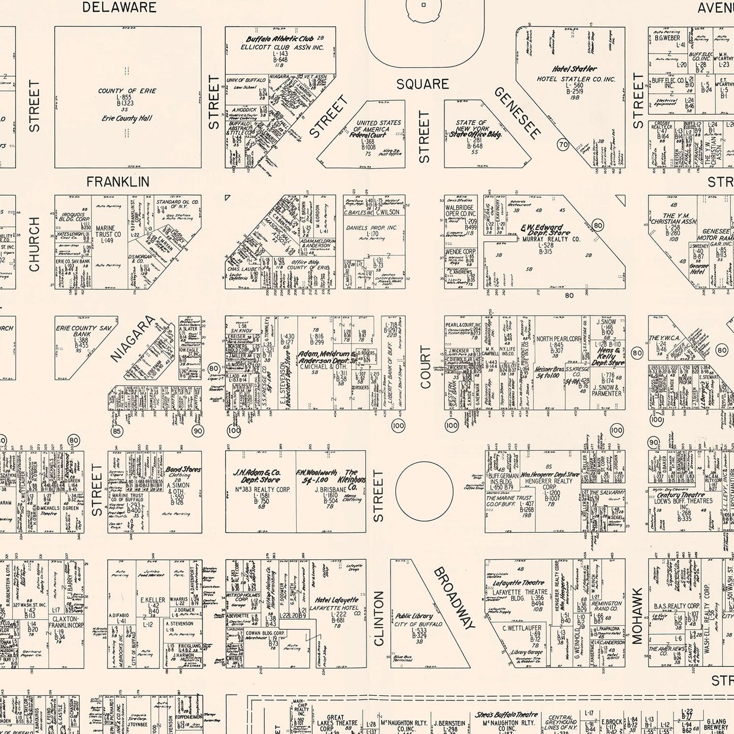 Vintage Map of Buffalo, NY Business Section 1947