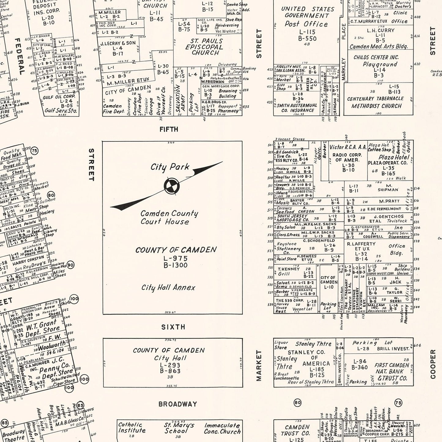 Vintage Map of Camden, NJ Business Section 1947