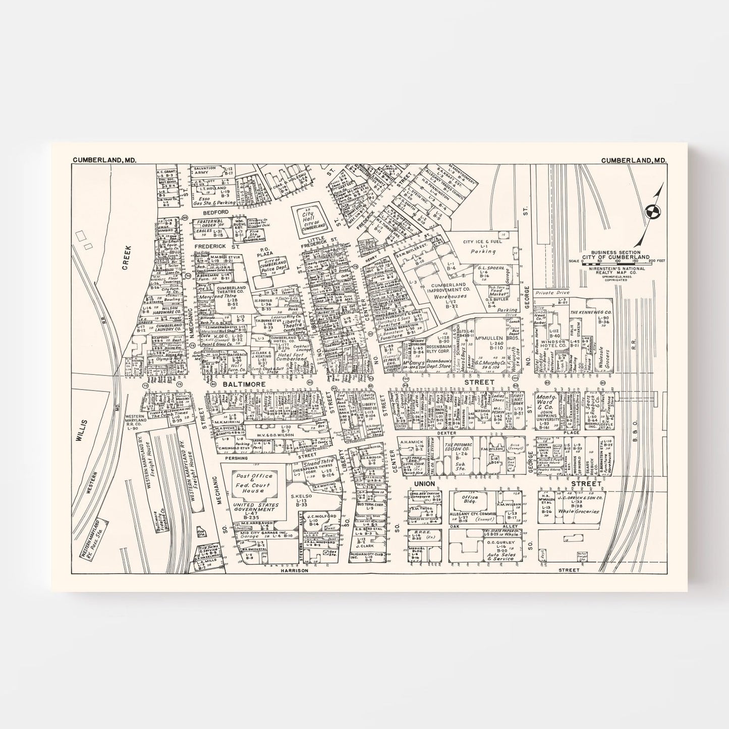 Vintage Map of Cumberland, MD Business Section 1947