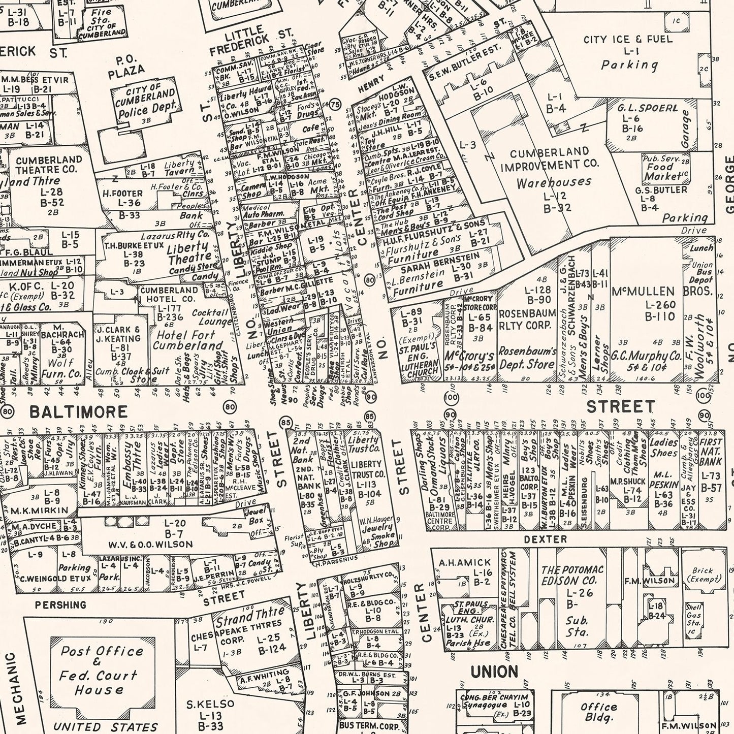 Vintage Map of Cumberland, MD Business Section 1947