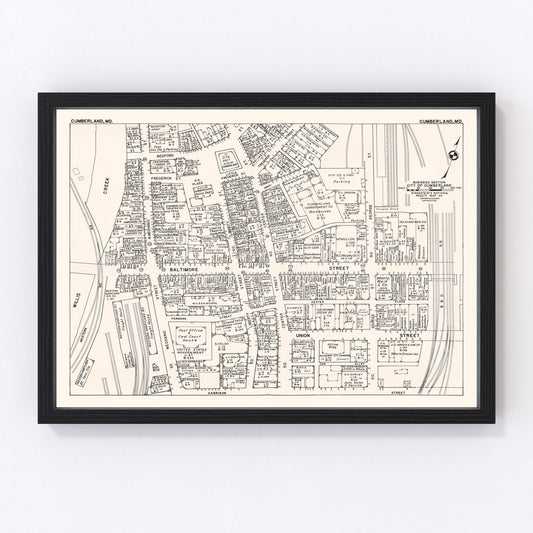 Vintage Map of Cumberland, MD Business Section 1947