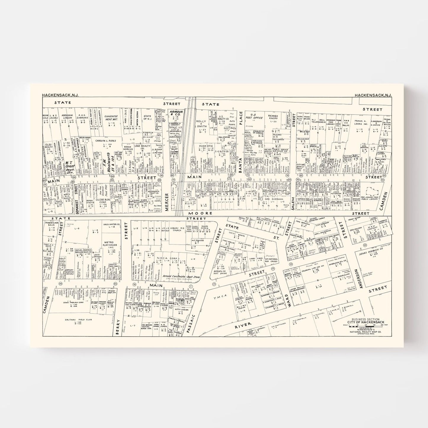 Vintage Map of Hackensack, NJ Business Section 1947