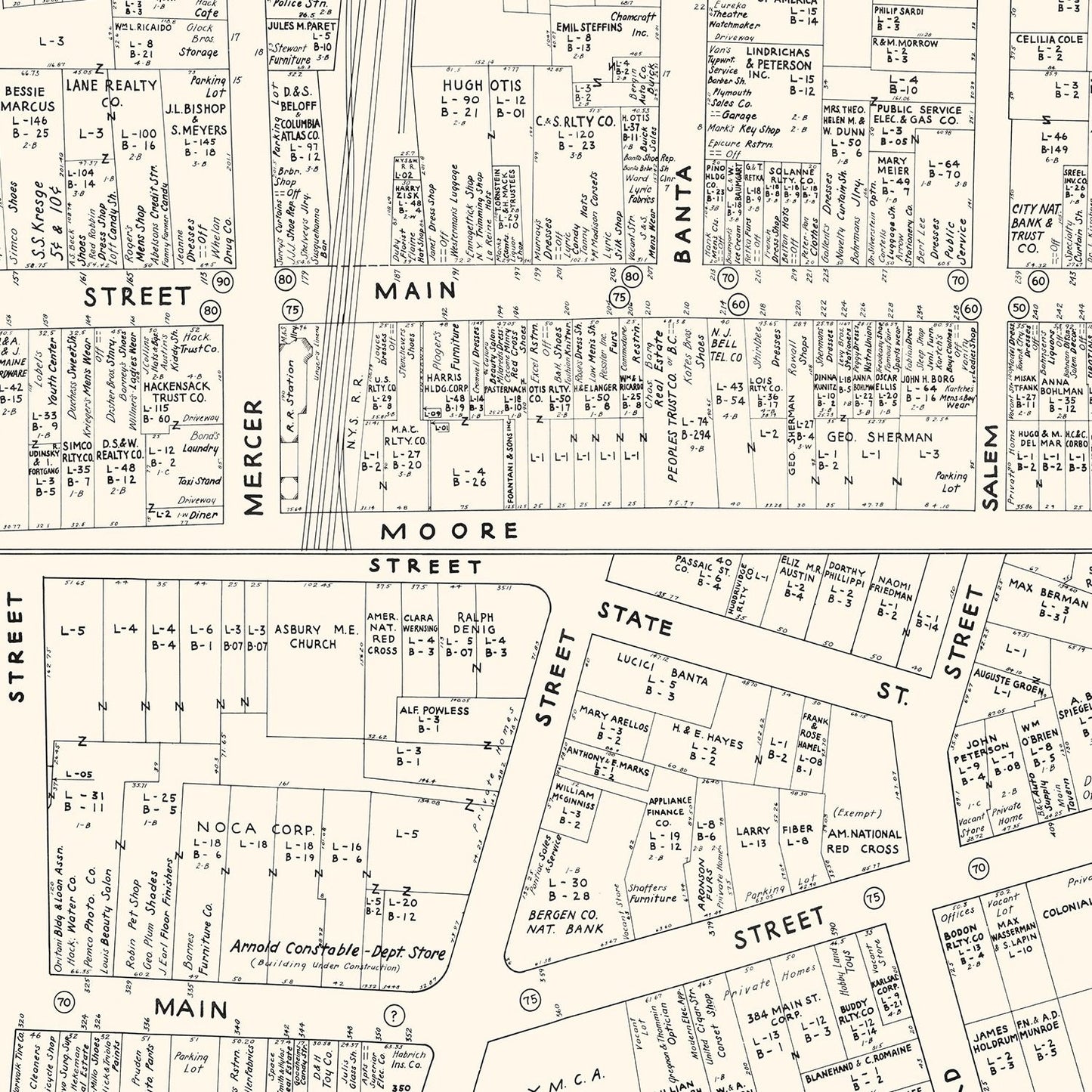 Vintage Map of Hackensack, NJ Business Section 1947