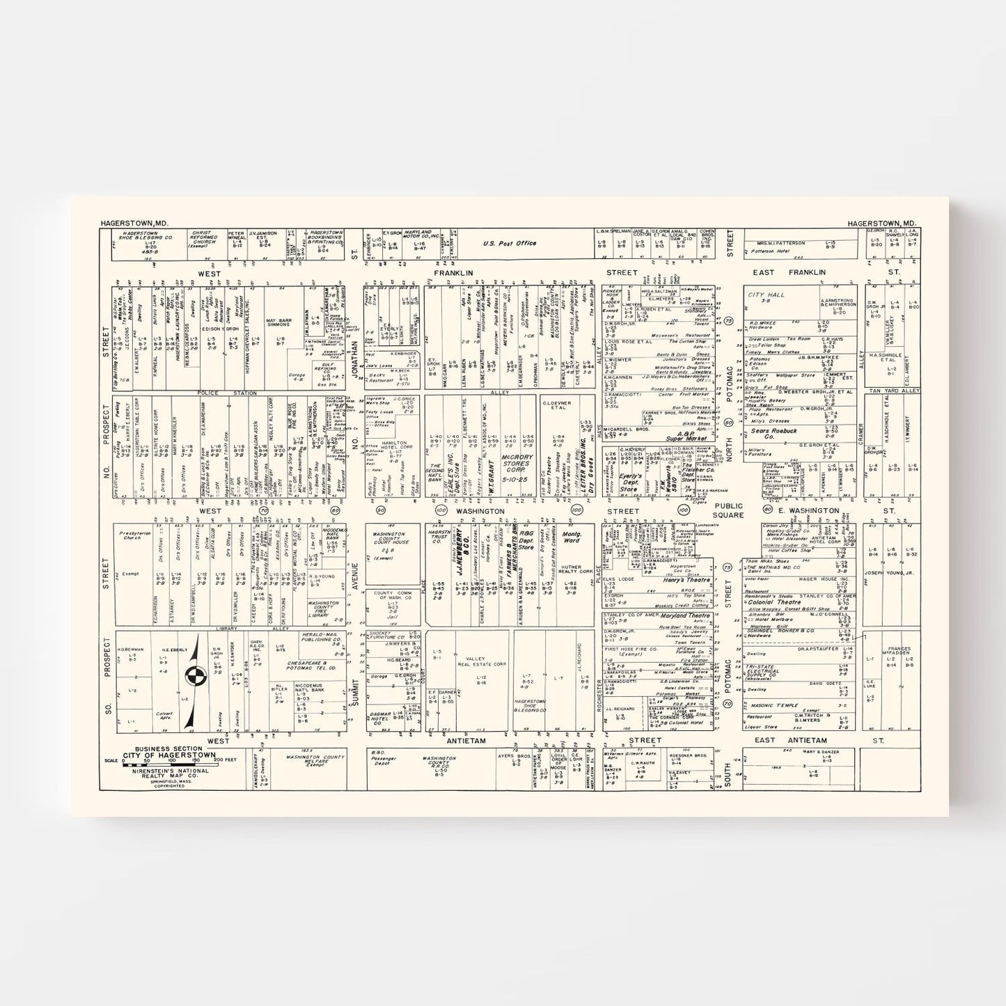 Vintage Map of Hagerstown, MD Business Section 1947