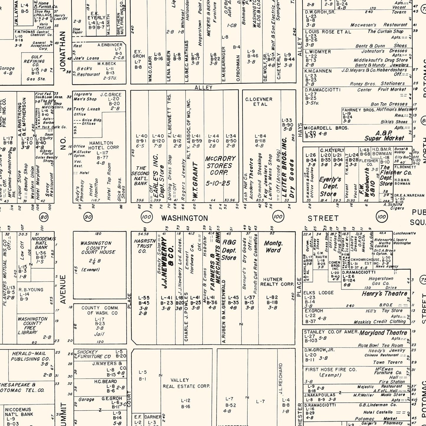 Vintage Map of Hagerstown, MD Business Section 1947