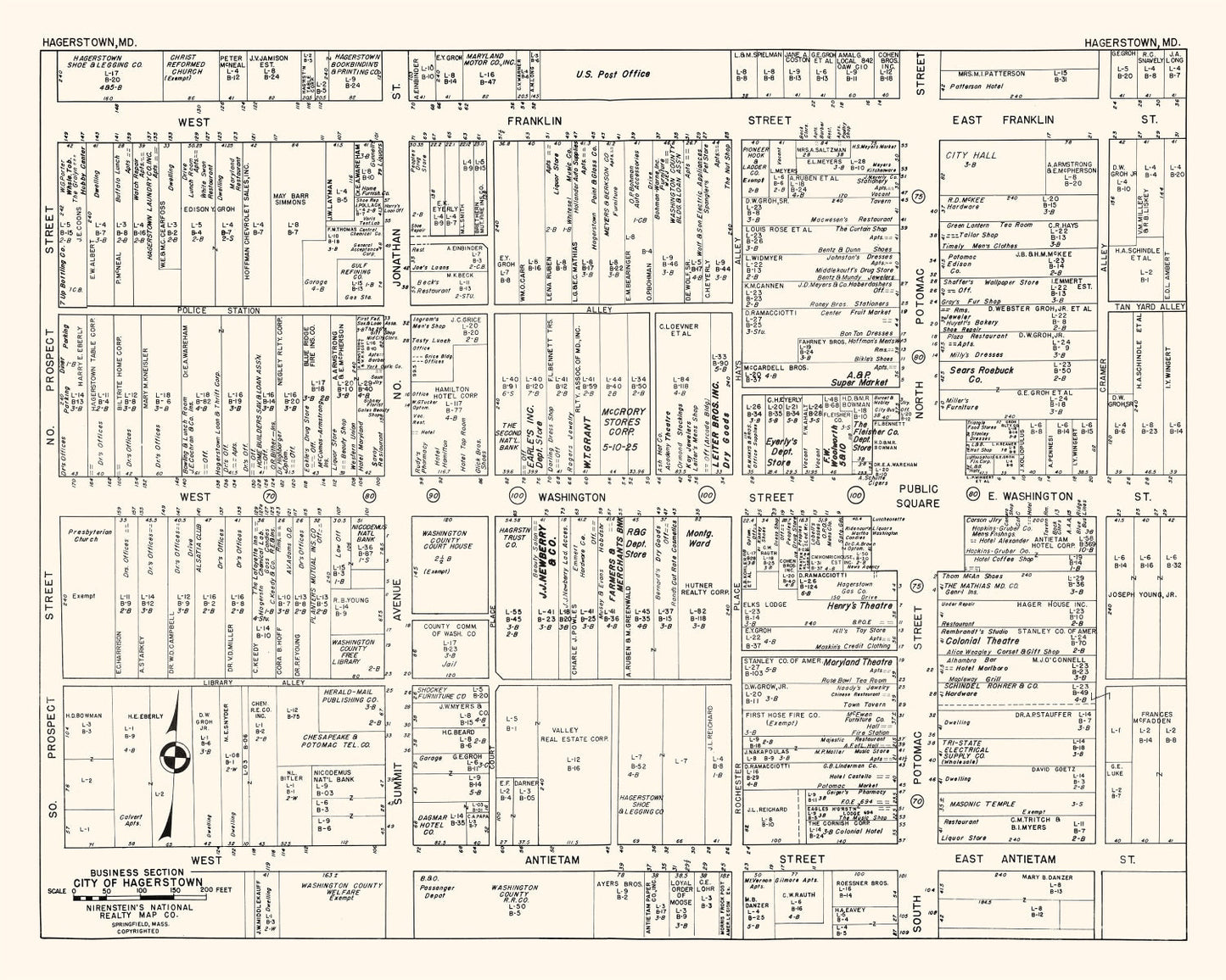 Vintage Map of Hagerstown, MD Business Section 1947