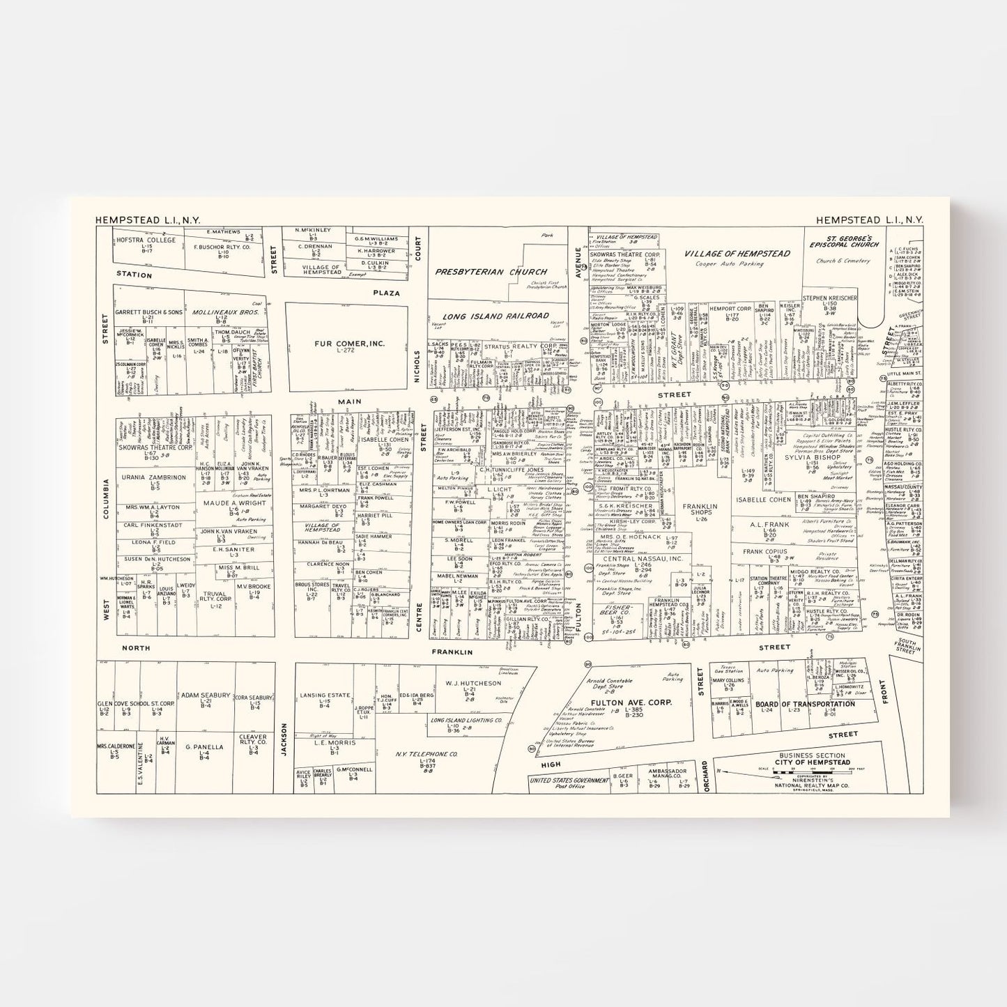 Vintage Map of Hempstead, NY Business Section 1947