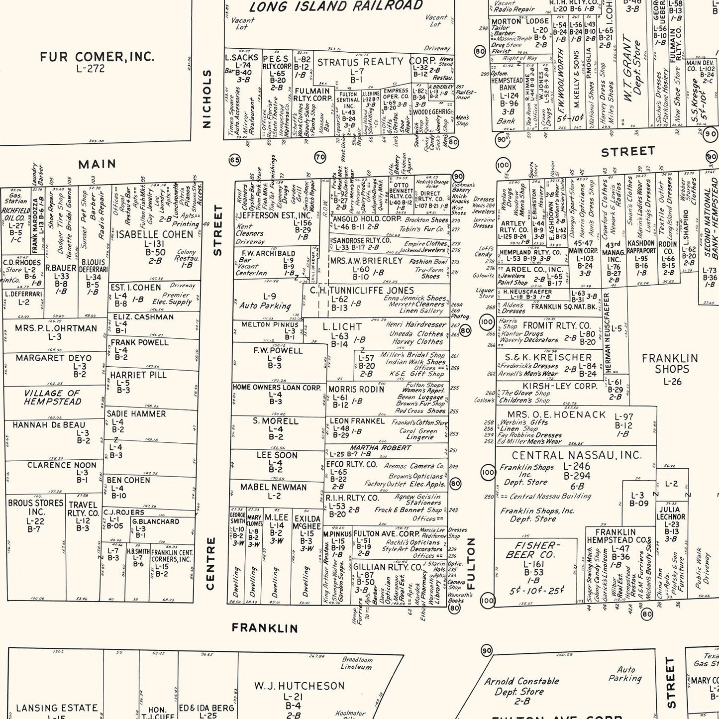 Vintage Map of Hempstead, NY Business Section 1947