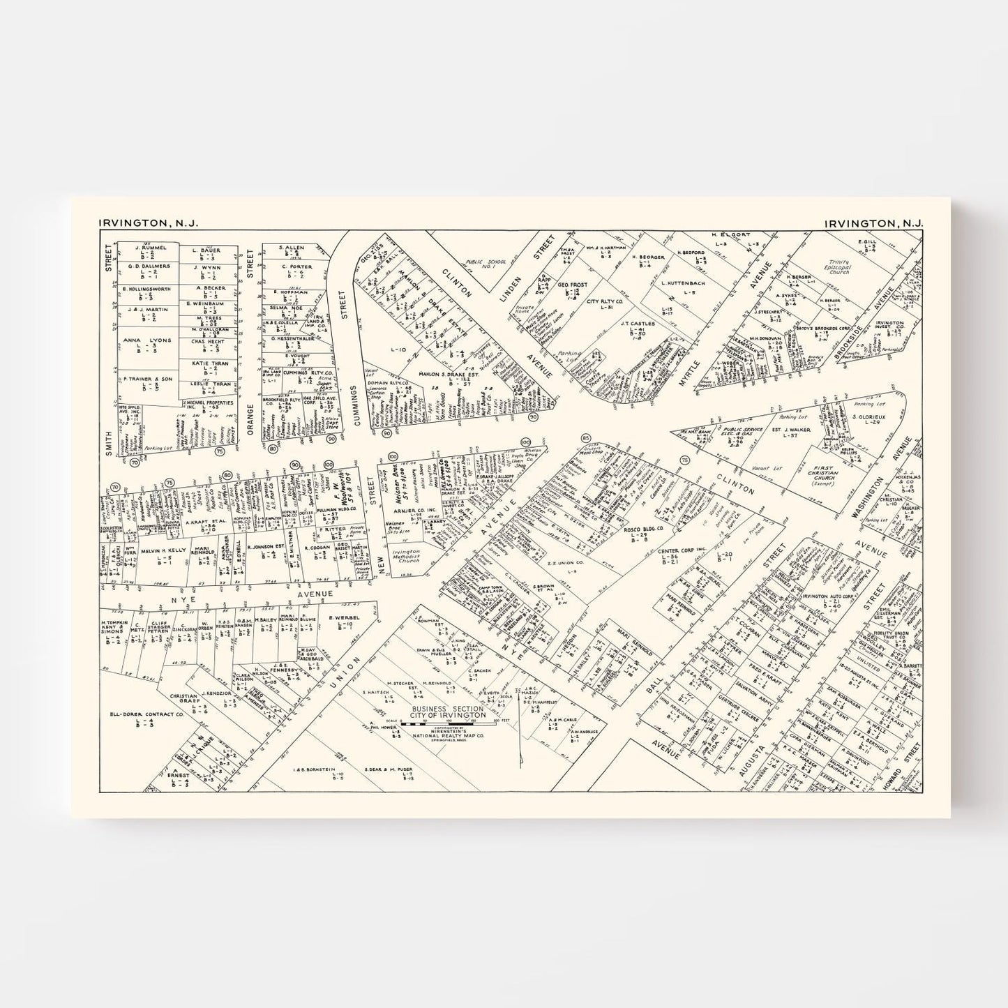 Vintage Map of Irvington, NJ Business Section 1947