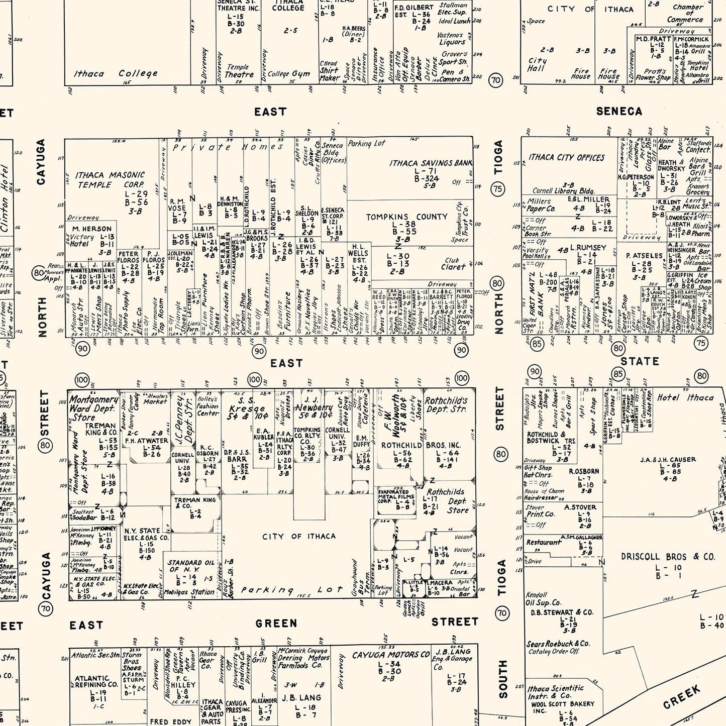 Vintage Map of Ithaca, NY Business Section 1947
