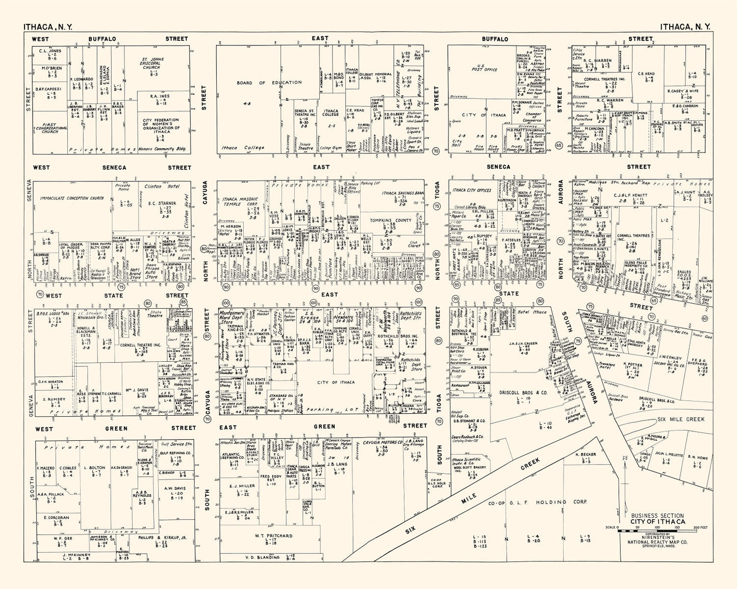 Vintage Map of Ithaca, NY Business Section 1947