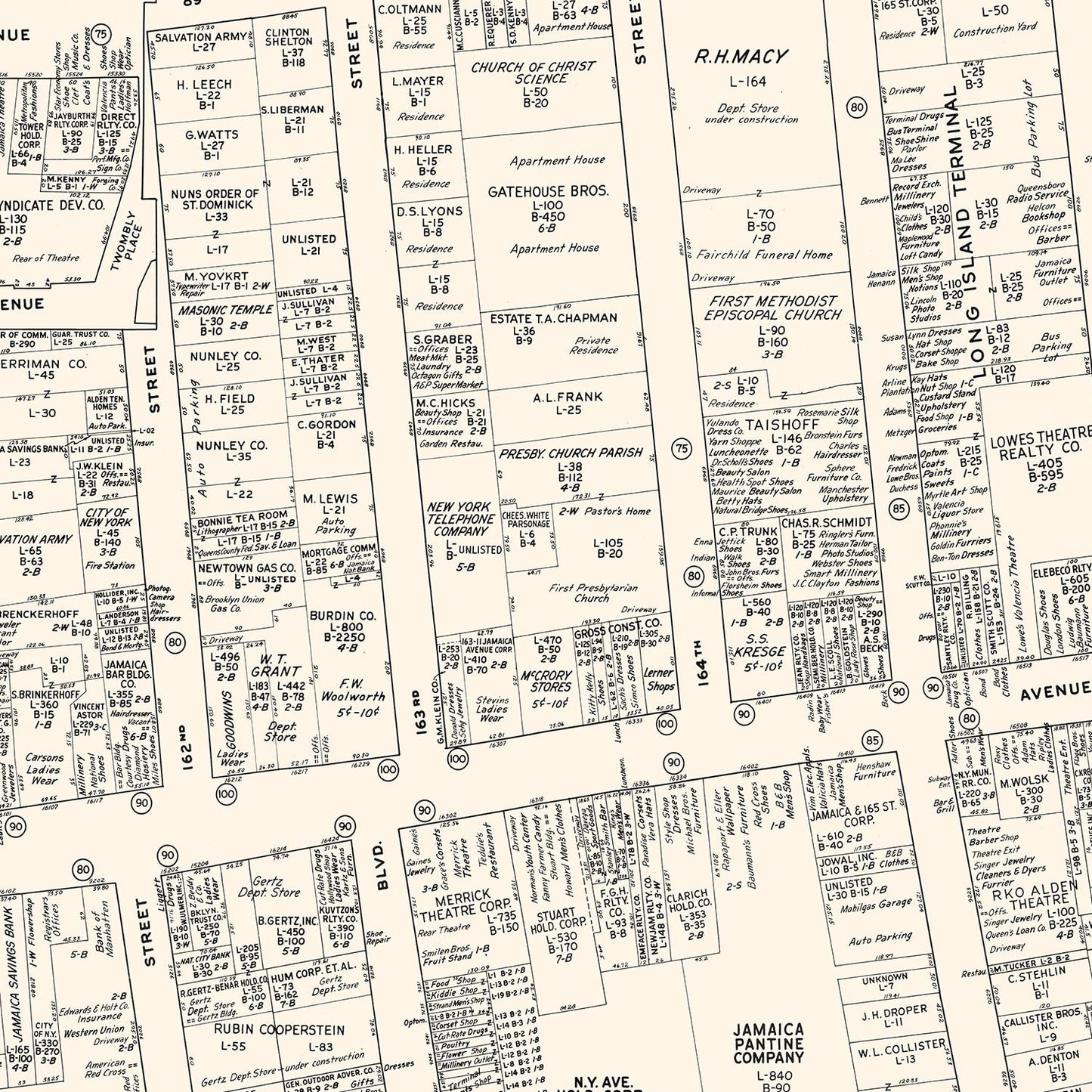 Vintage Map of Jamaica, NY Business Section 1947