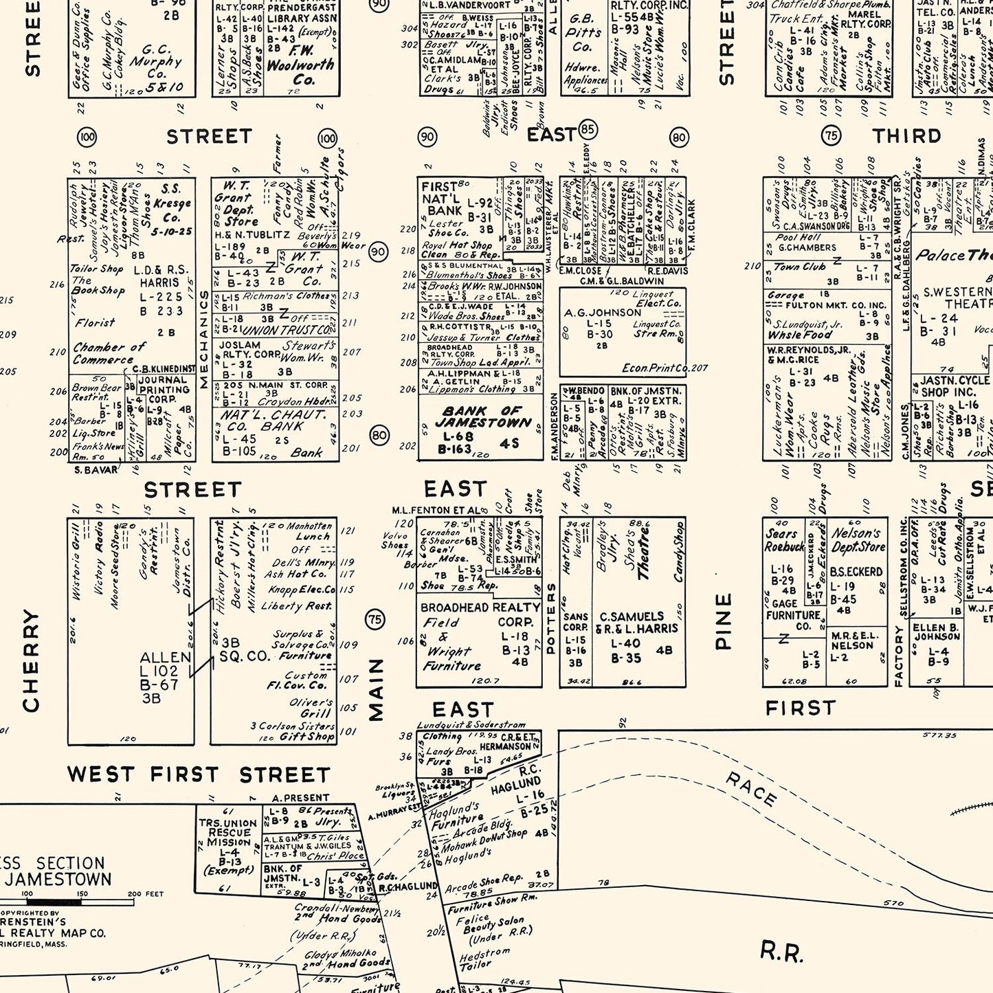 Vintage Map of Jamestown, NY Business Section 1947
