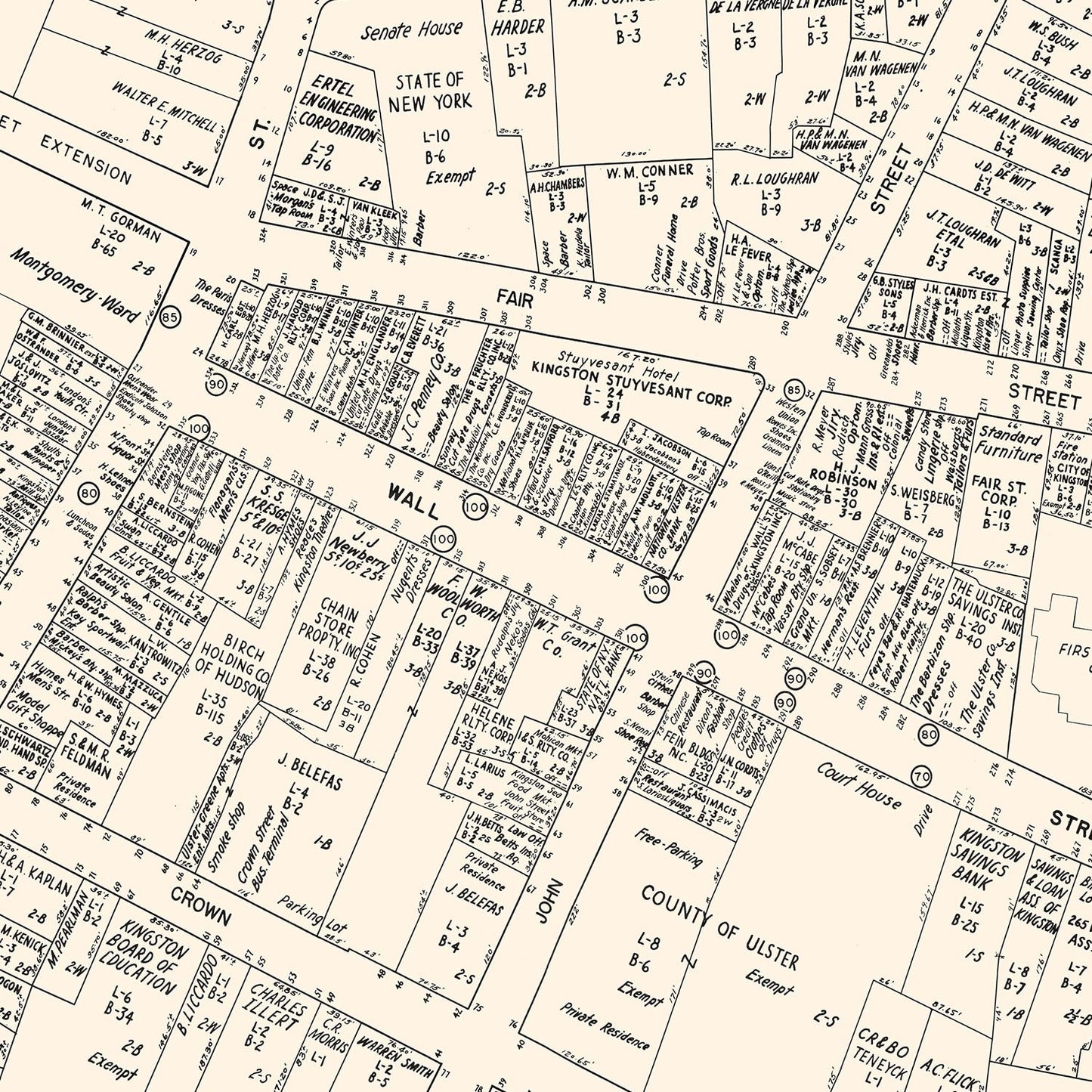 Vintage Map of Kingston, NY Business Section 1947