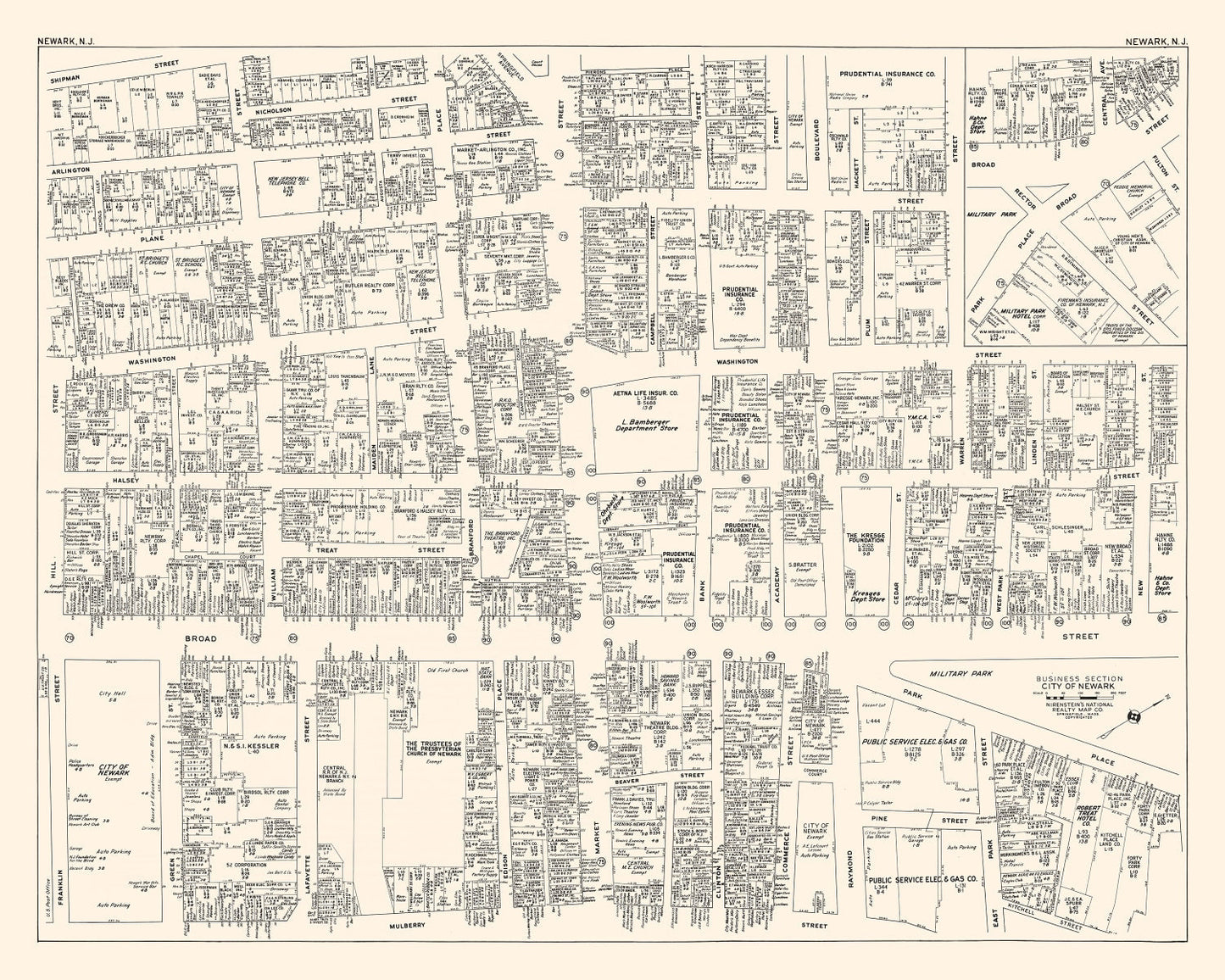 Vintage Map of Newark, NJ Business Section 1947
