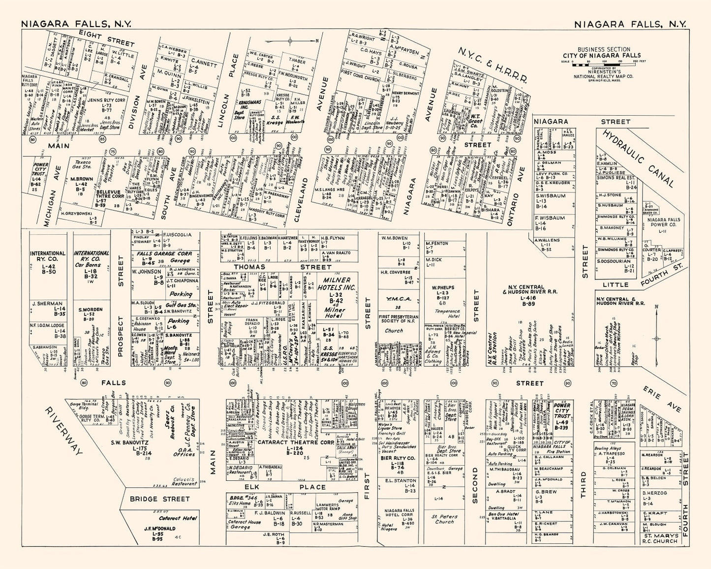Vintage Map of Niagara Falls, NY Business Section 1947