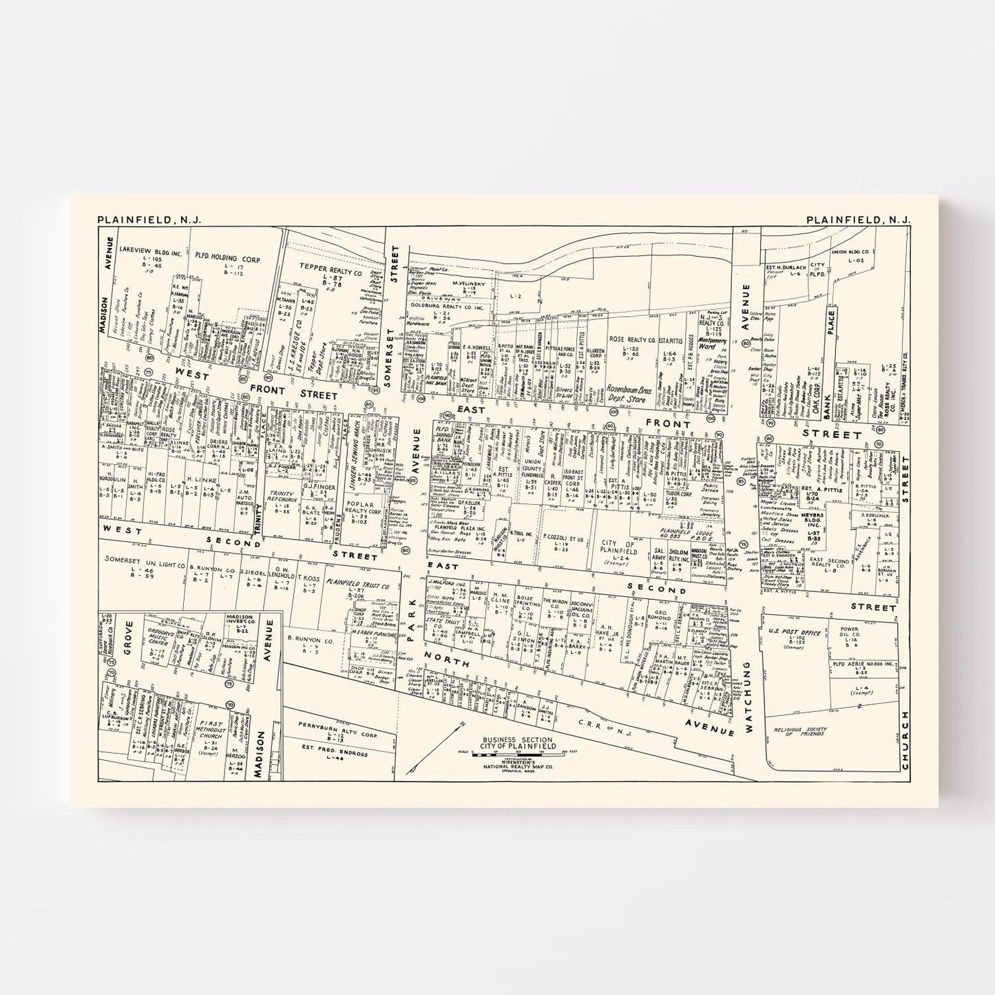 Vintage Map of Plainfield, NJ Business Section 1947