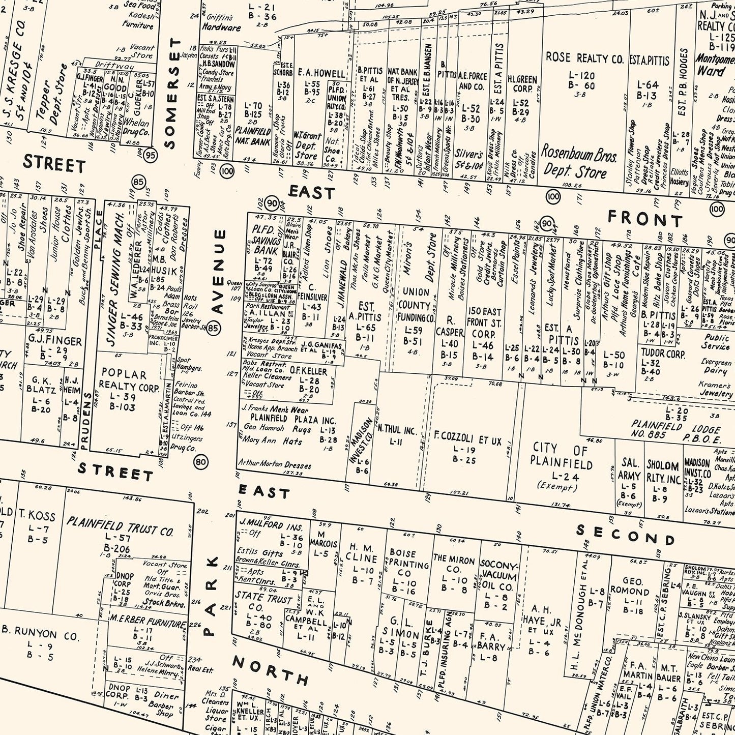 Vintage Map of Plainfield, NJ Business Section 1947