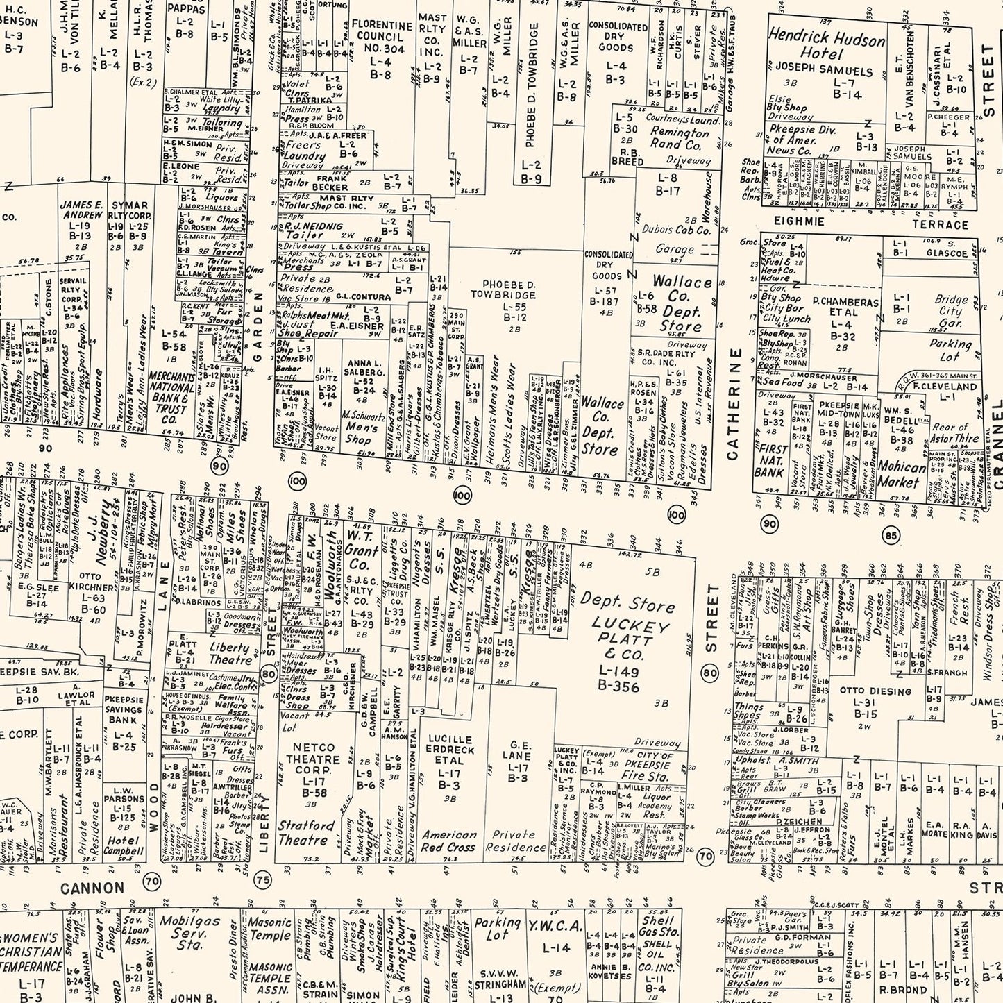 Vintage Map of Poughkeepsie, NY Business Section 1947