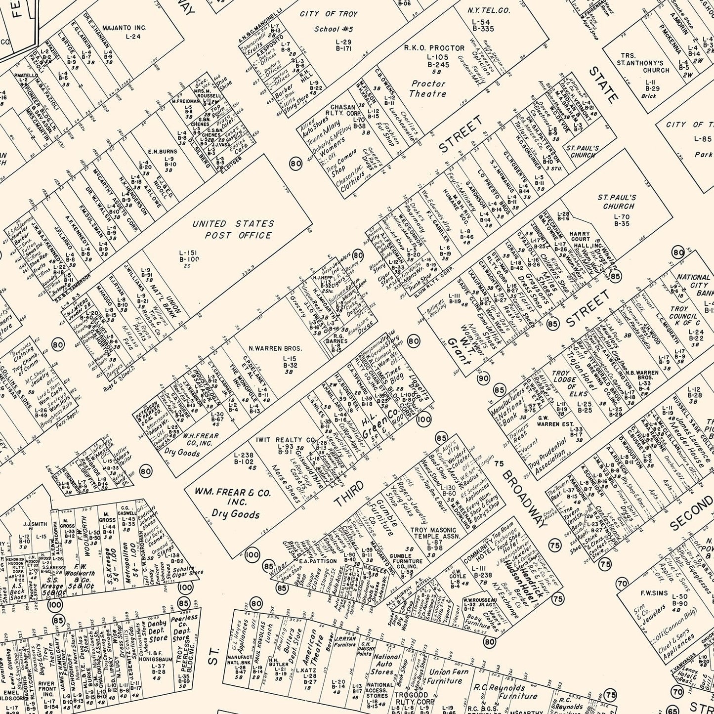 Vintage Map of Troy, NY Business Section 1947