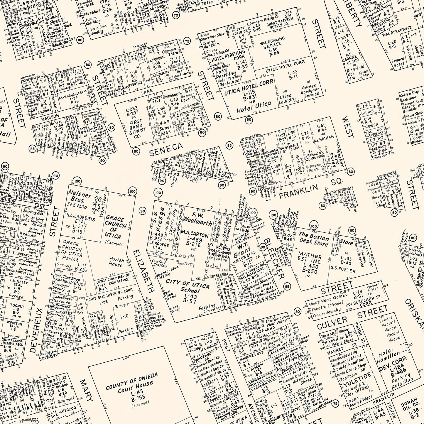 Vintage Map of Utica, NY Business Section 1947