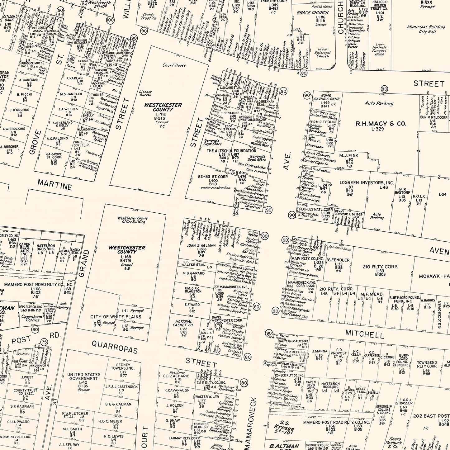 Vintage Map of White Plain, NY Business Section 1947
