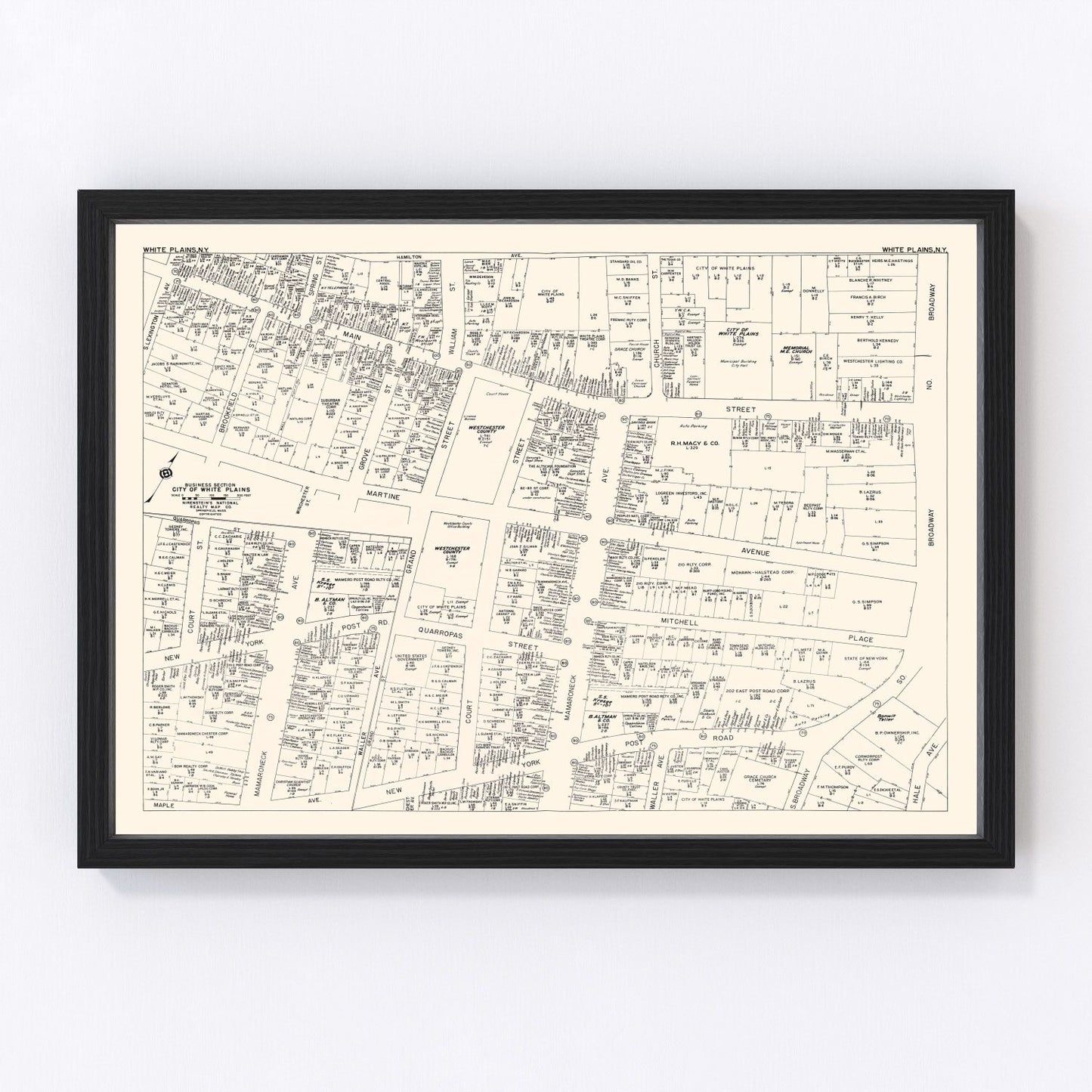 Vintage Map of White Plain, NY Business Section 1947