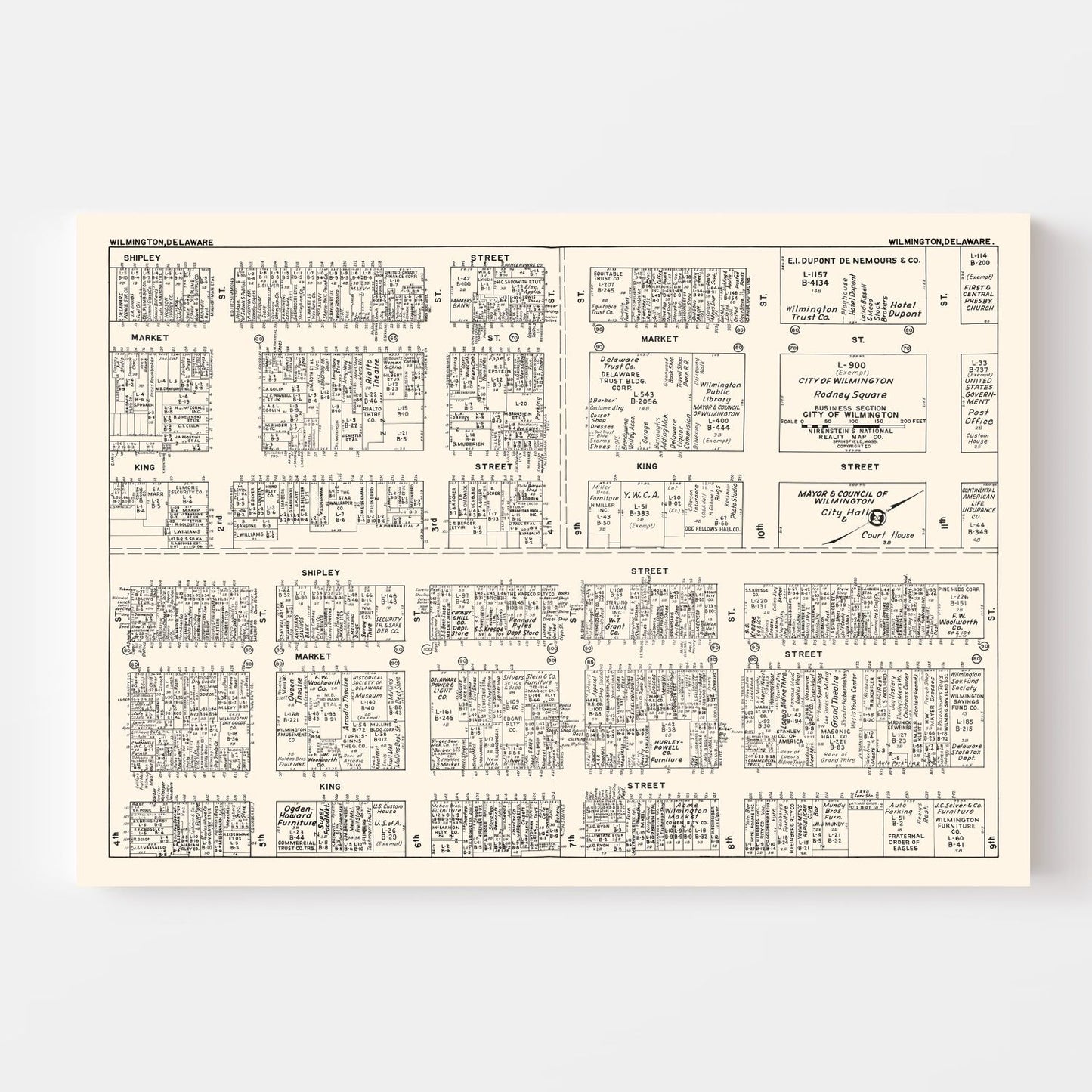 Vintage Map of Wilmington, DE Business Section 1947