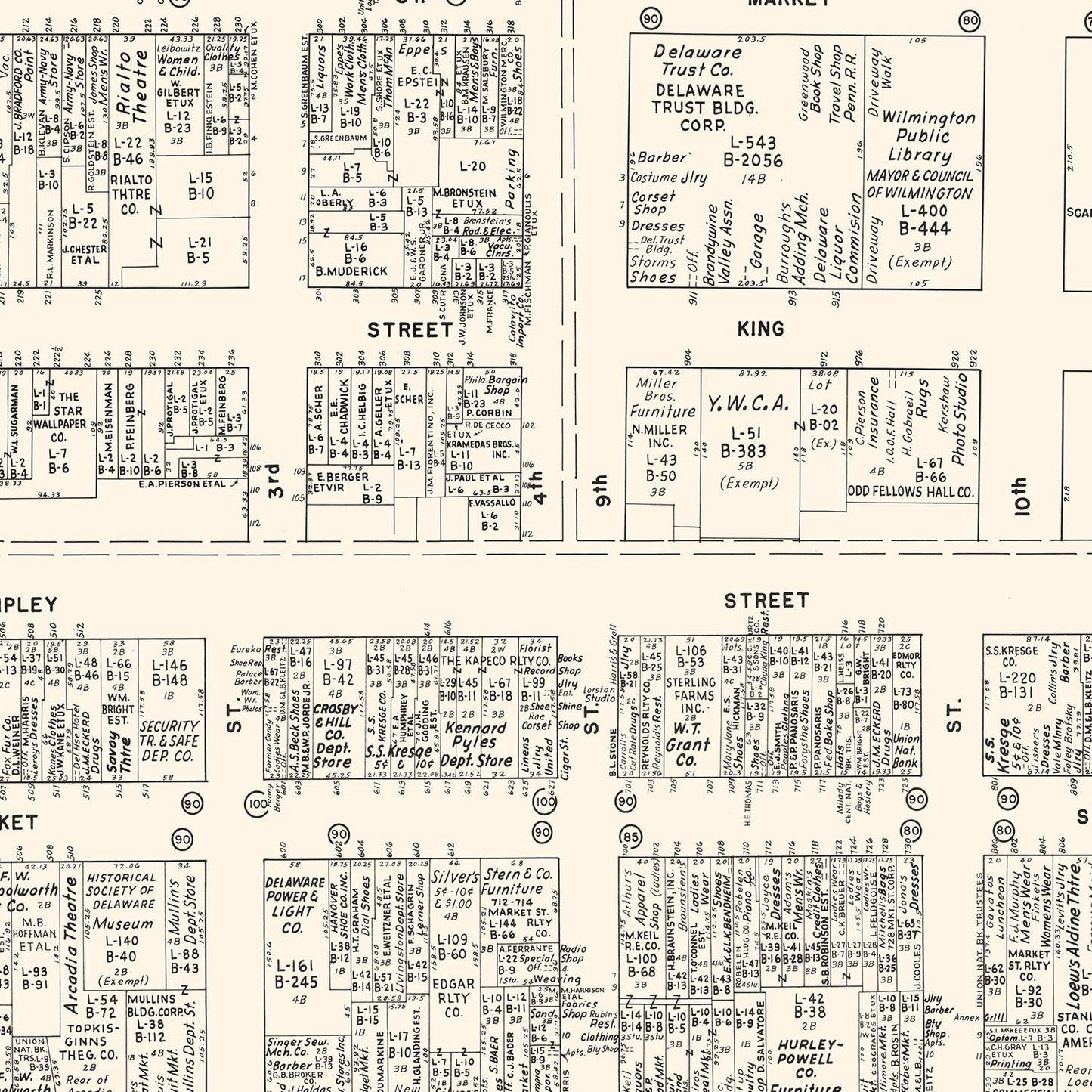 Vintage Map of Wilmington, DE Business Section 1947