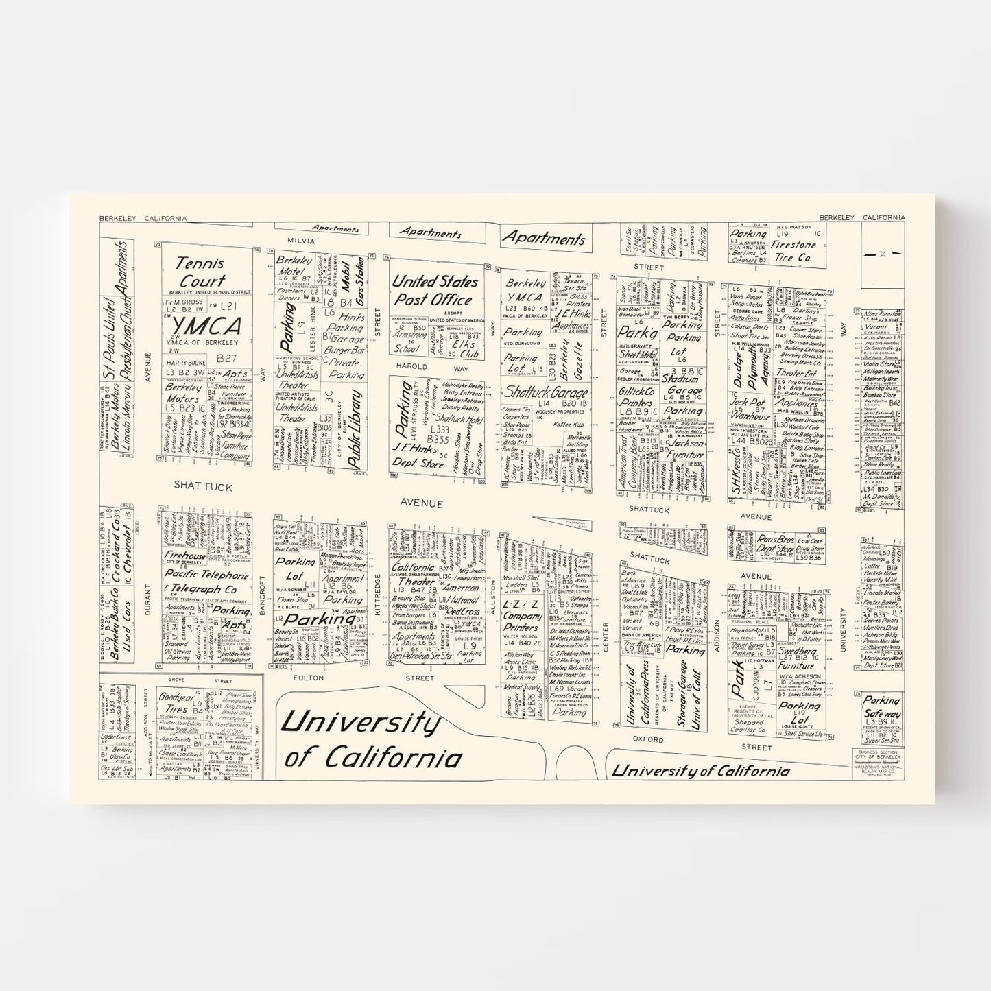 Vintage Map of Berkeley, CA Business Section 1952