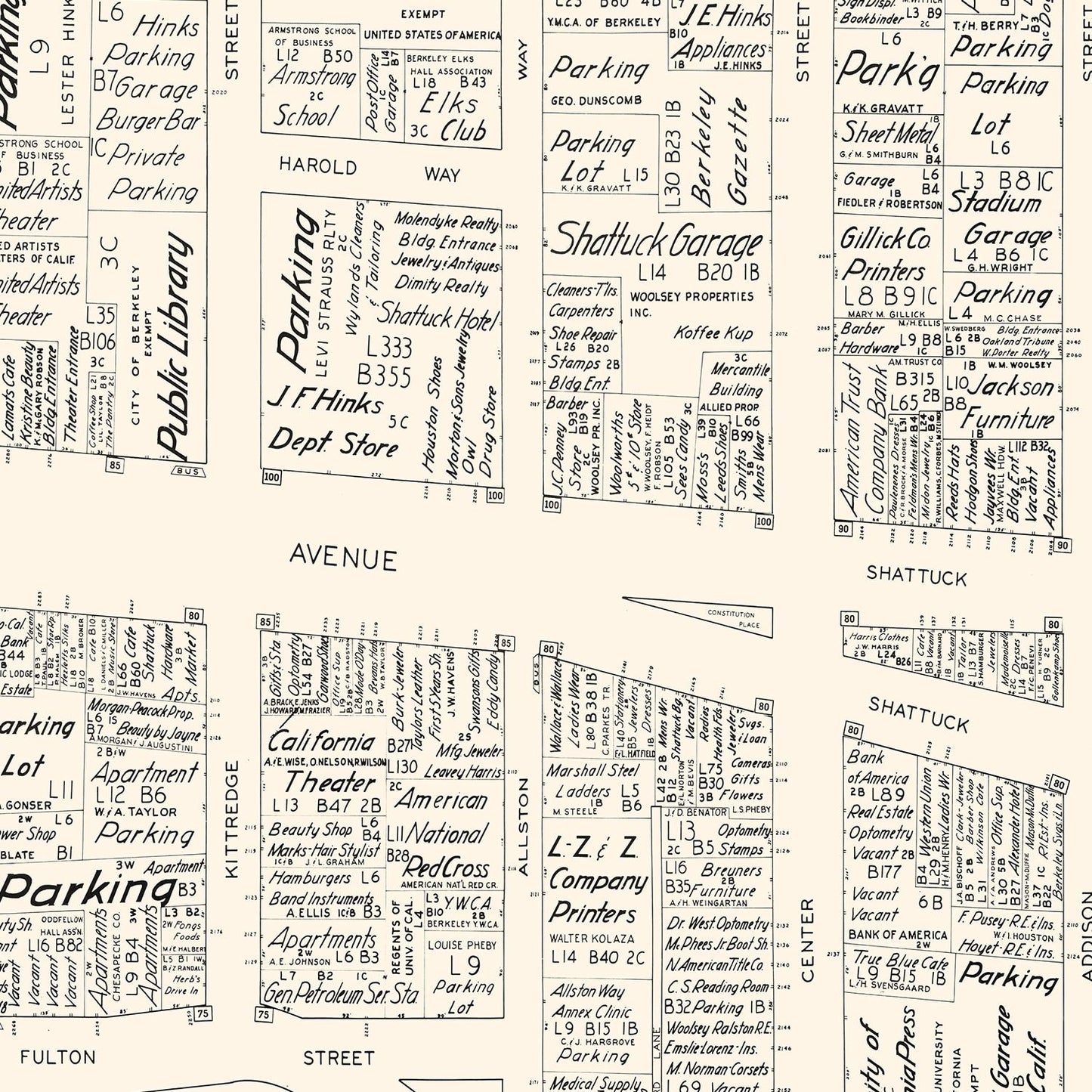 Vintage Map of Berkeley, CA Business Section 1952