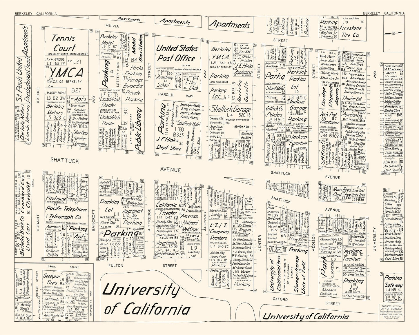 Vintage Map of Berkeley, CA Business Section 1952