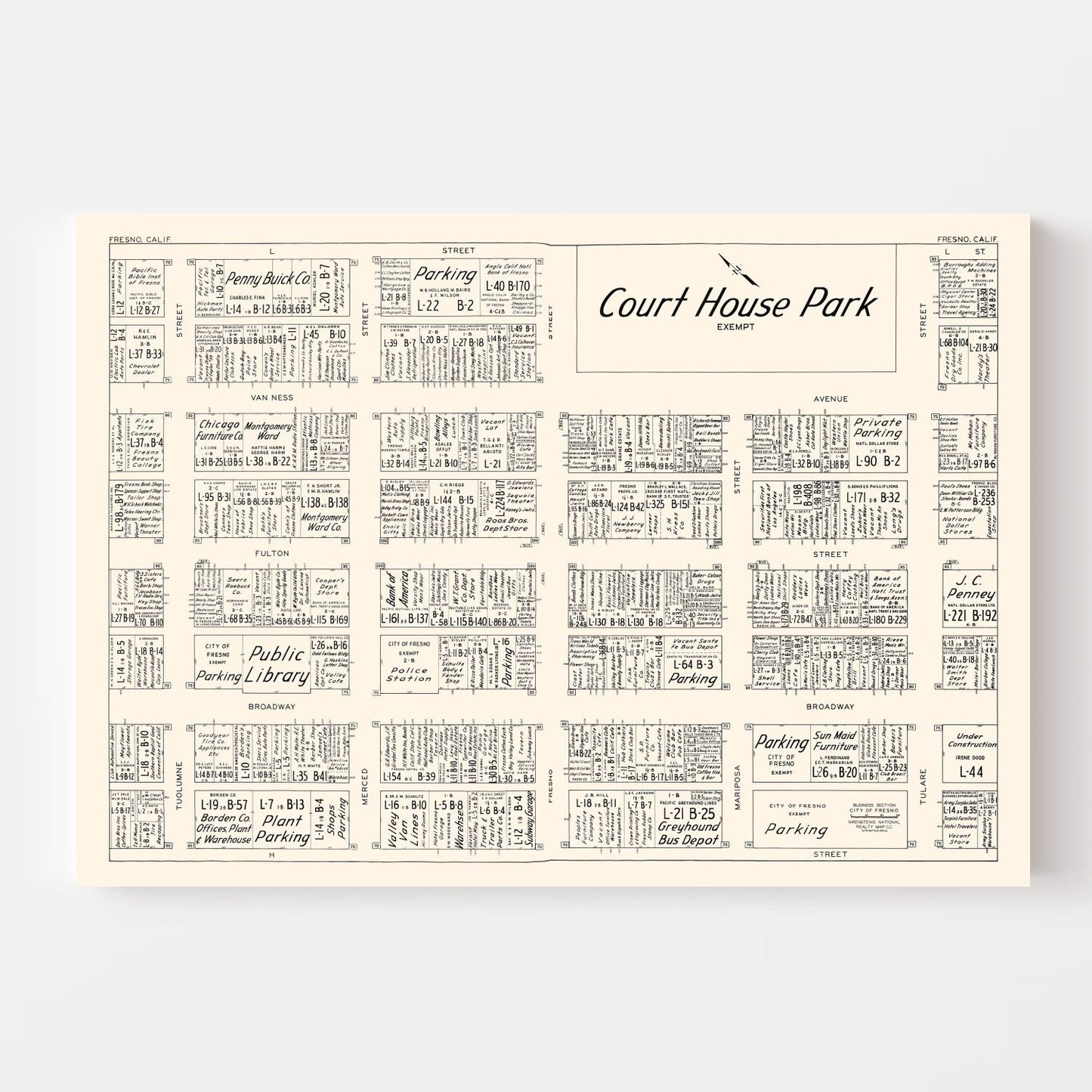 Vintage Map of Fresno, CA Business Section 1952