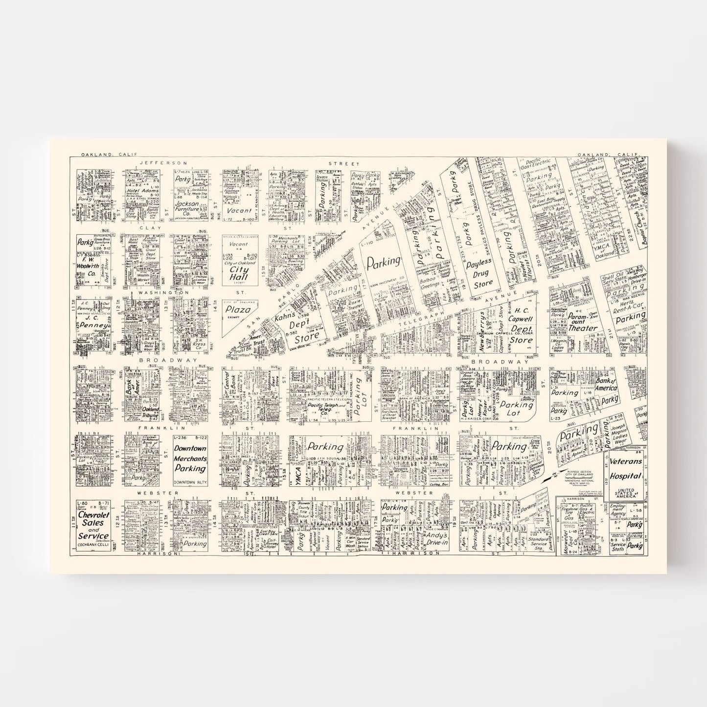 Vintage Map of Oakland, CA Business Section 1952