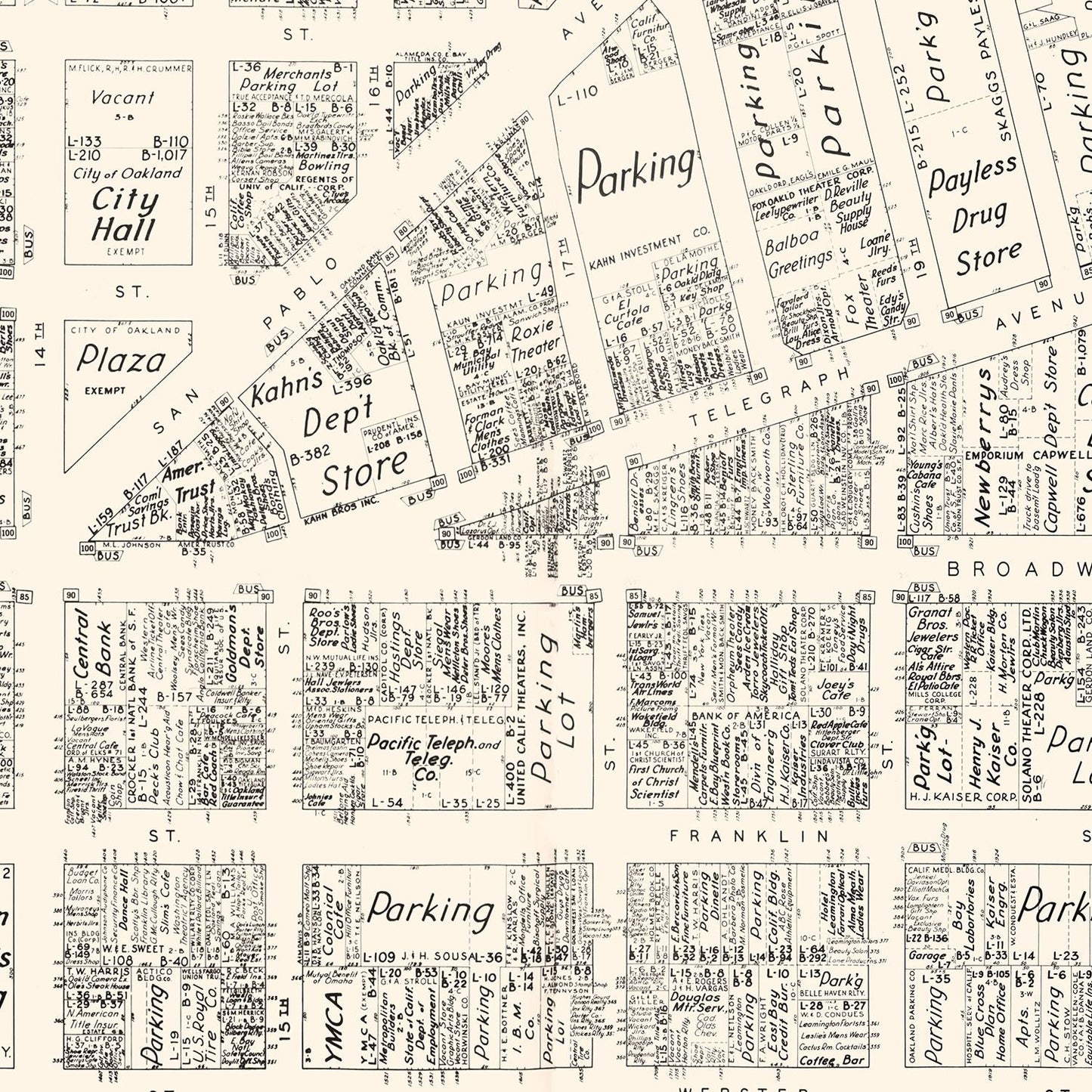Vintage Map of Oakland, CA Business Section 1952
