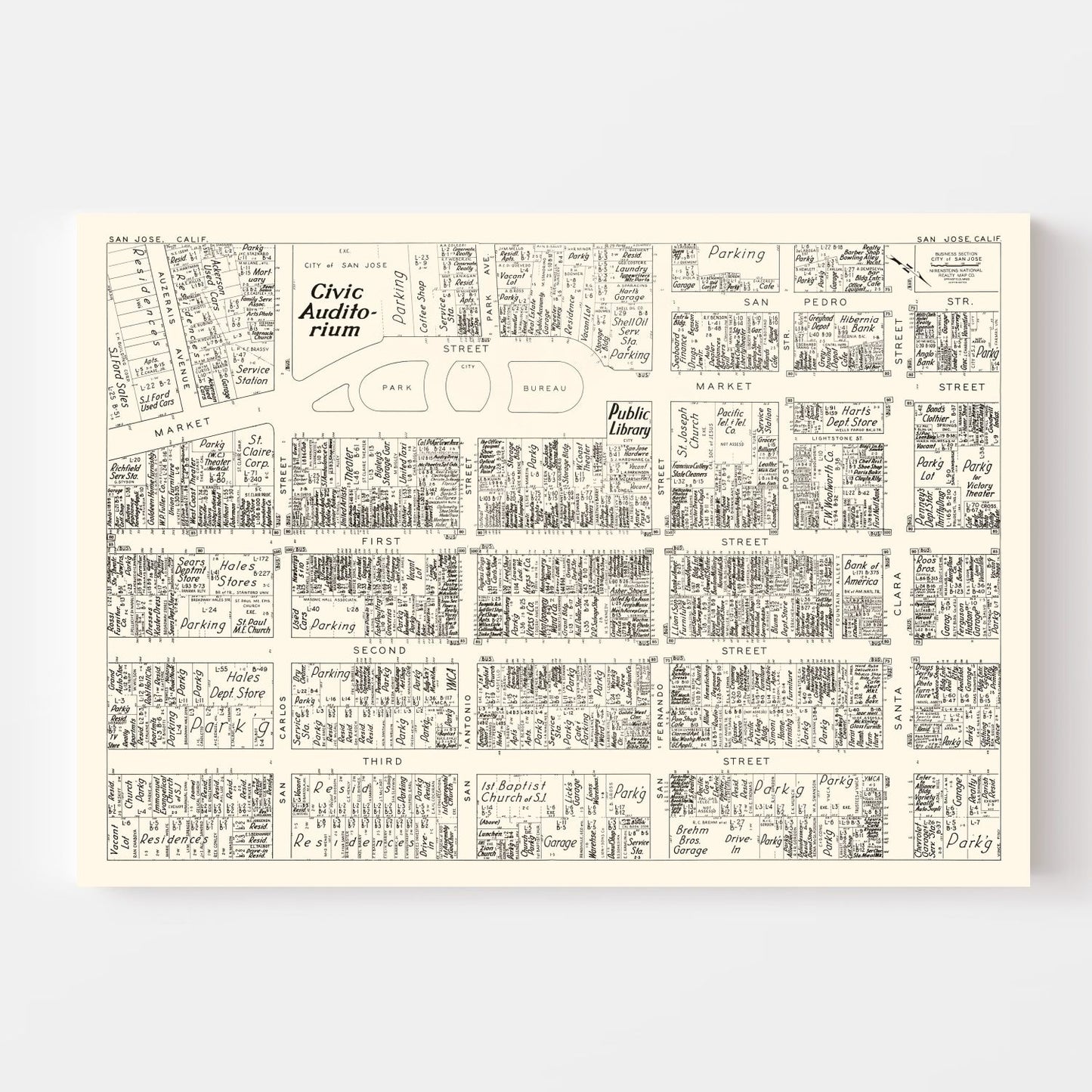 Vintage Map of San Jose, CA Business Section 1952