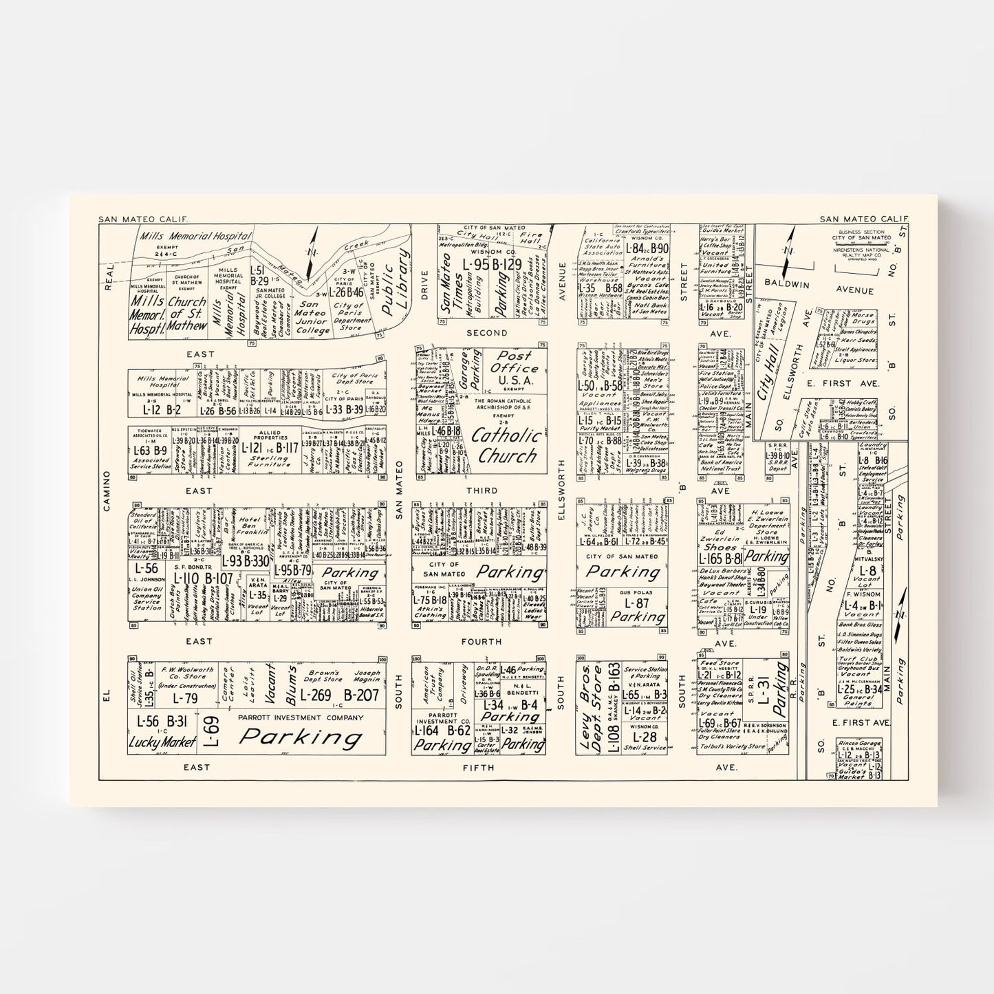 Vintage Map of San Mateo, CA Business Section 1952