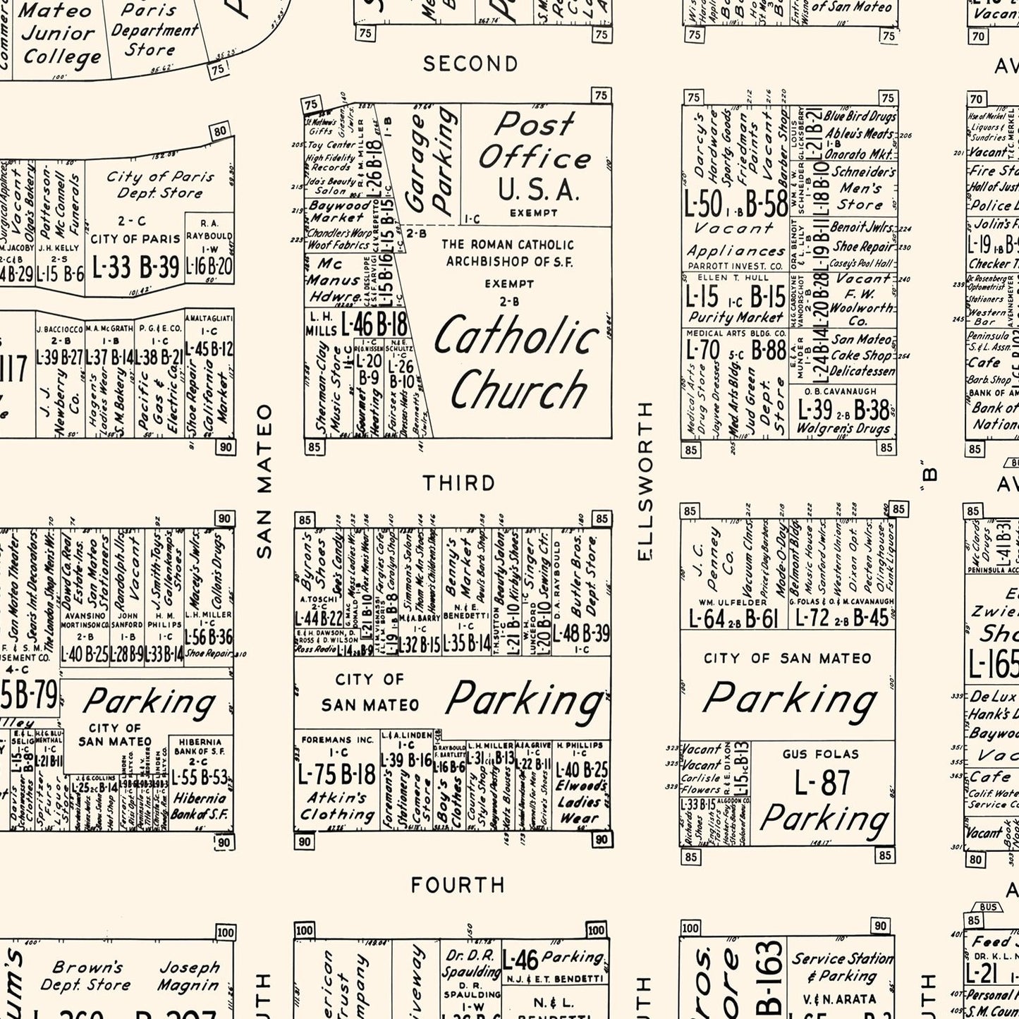 Vintage Map of San Mateo, CA Business Section 1952