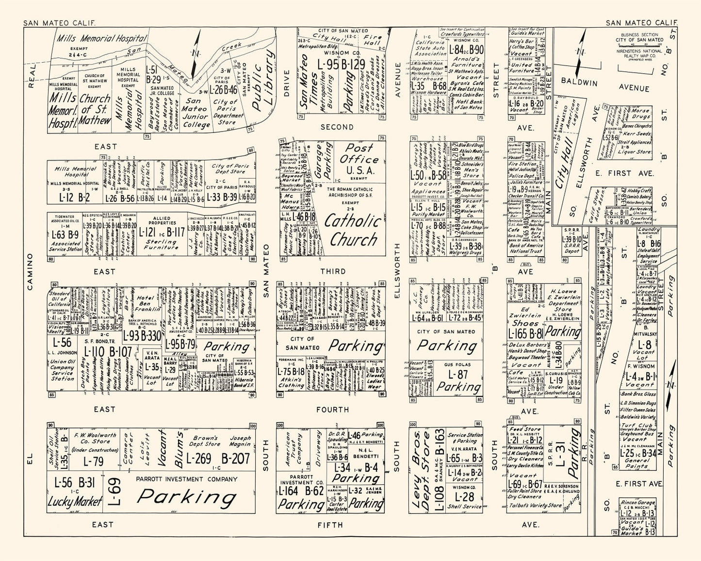Vintage Map of San Mateo, CA Business Section 1952
