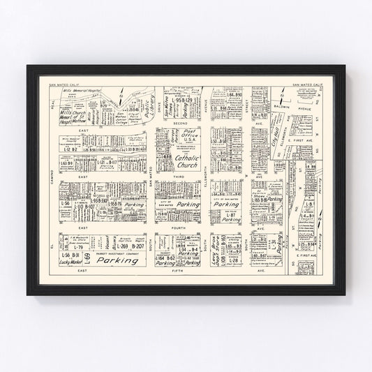 Vintage Map of San Mateo, CA Business Section 1952