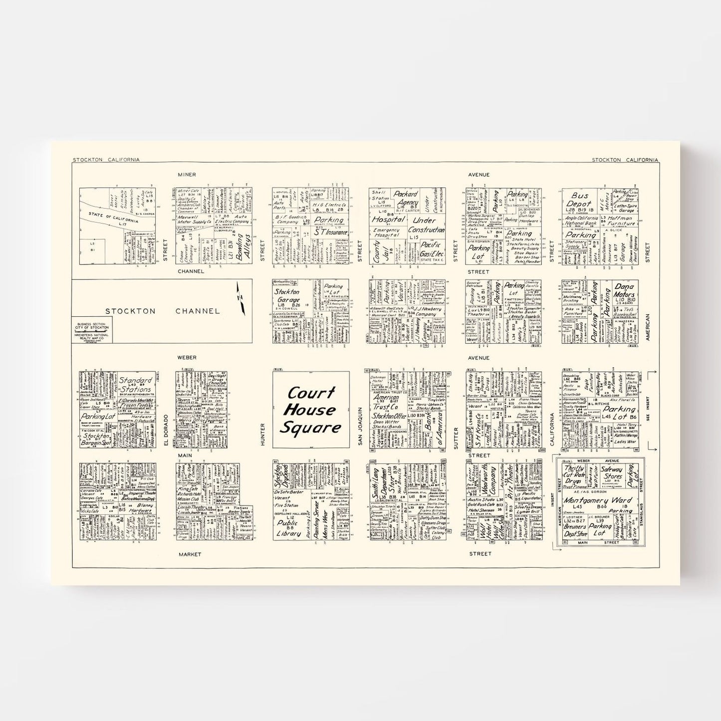 Vintage Map of Stockton, CA Business Section 1952