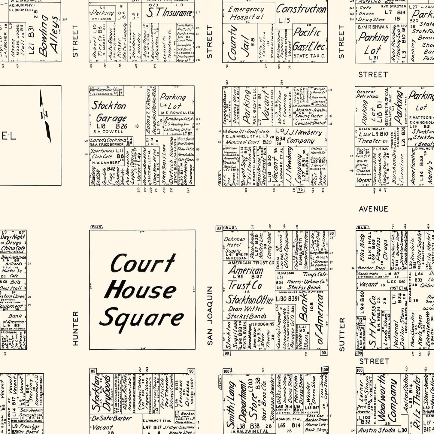 Vintage Map of Stockton, CA Business Section 1952